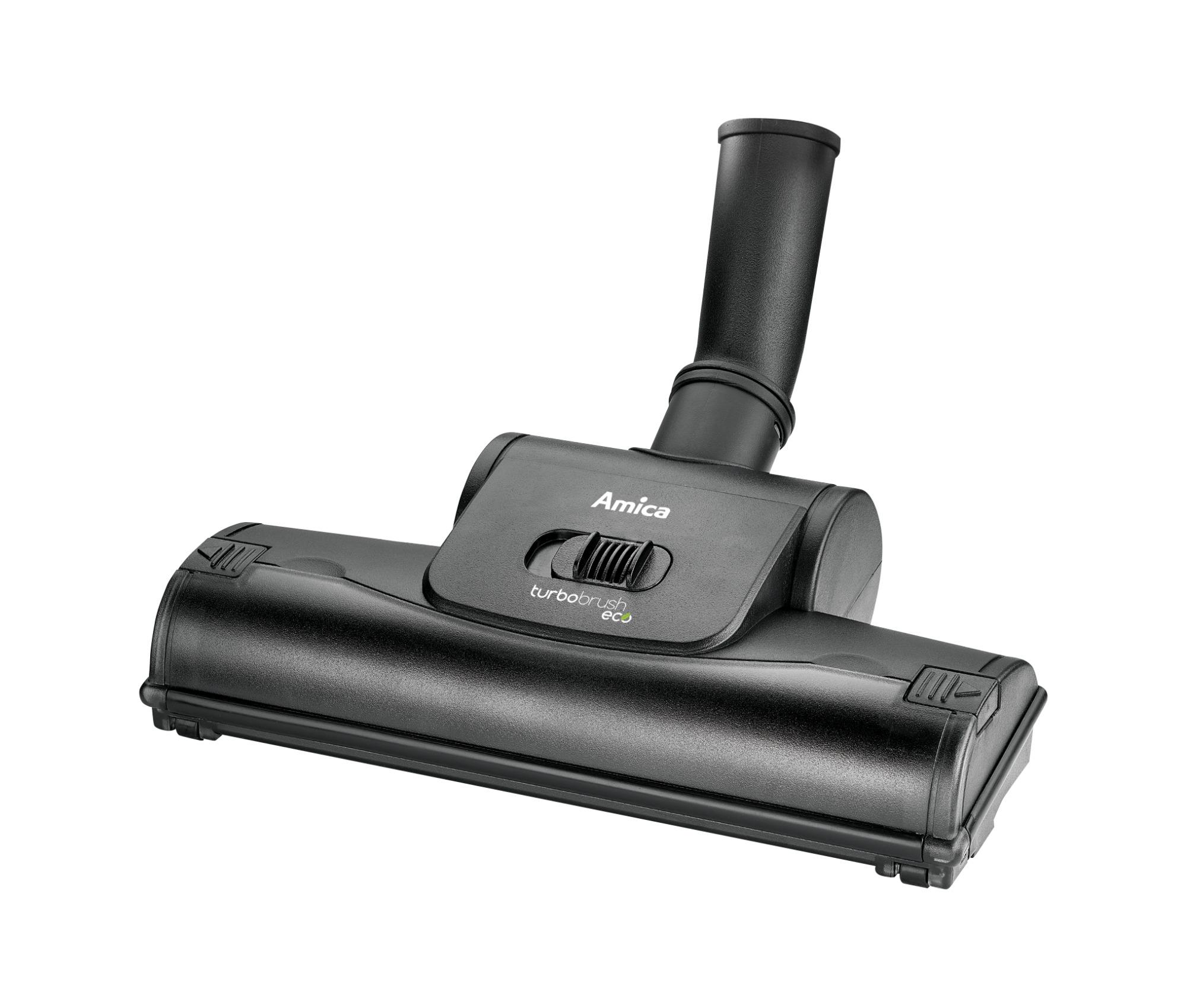 Czarna głowica odkurzacza Amica turbo brush. Ma uchwyt i głowicę szczotki z logo Amica.