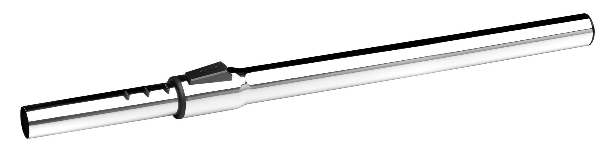 Chromowana rura przedłużająca do odkurzacza z czarną, regulowaną częścią. Tło jest białe.