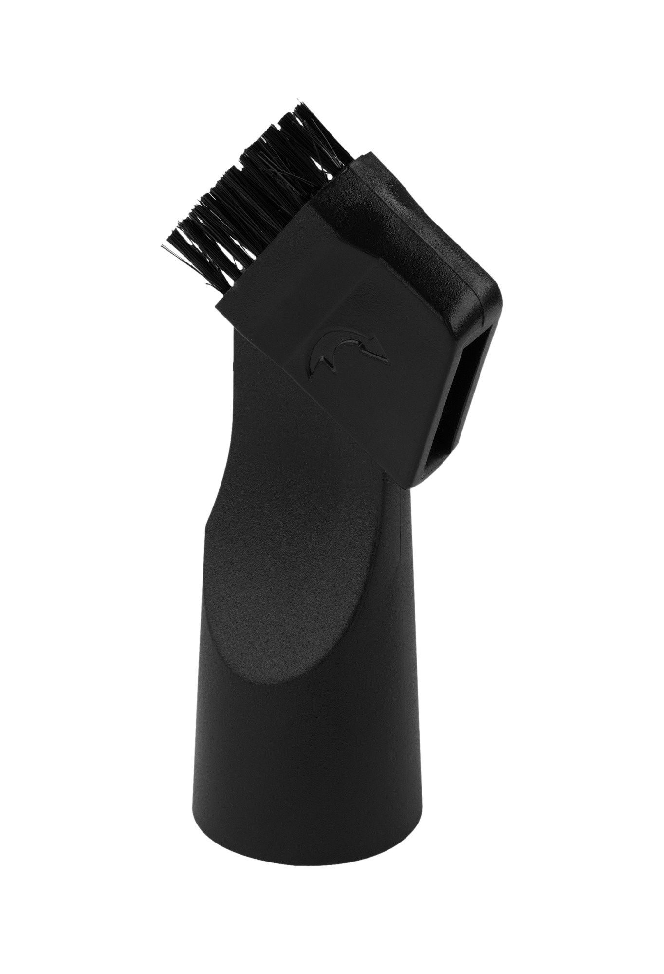 Czarny osprzęt do odkurzacza. Ma główkę szczotki i zakrzywiony korpus. Tło jest białe.