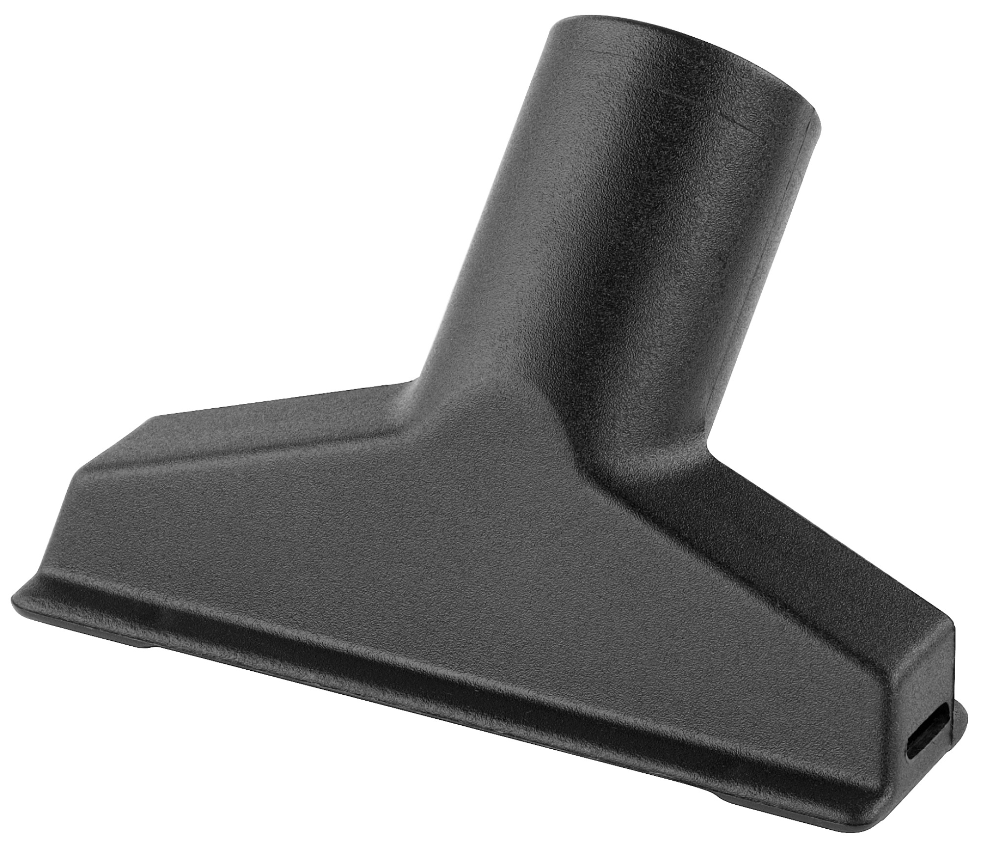 Czarny element do odkurzacza. Ma płaską, prostokątną głowicę i cylindryczną, kątową rurę do połączenia.