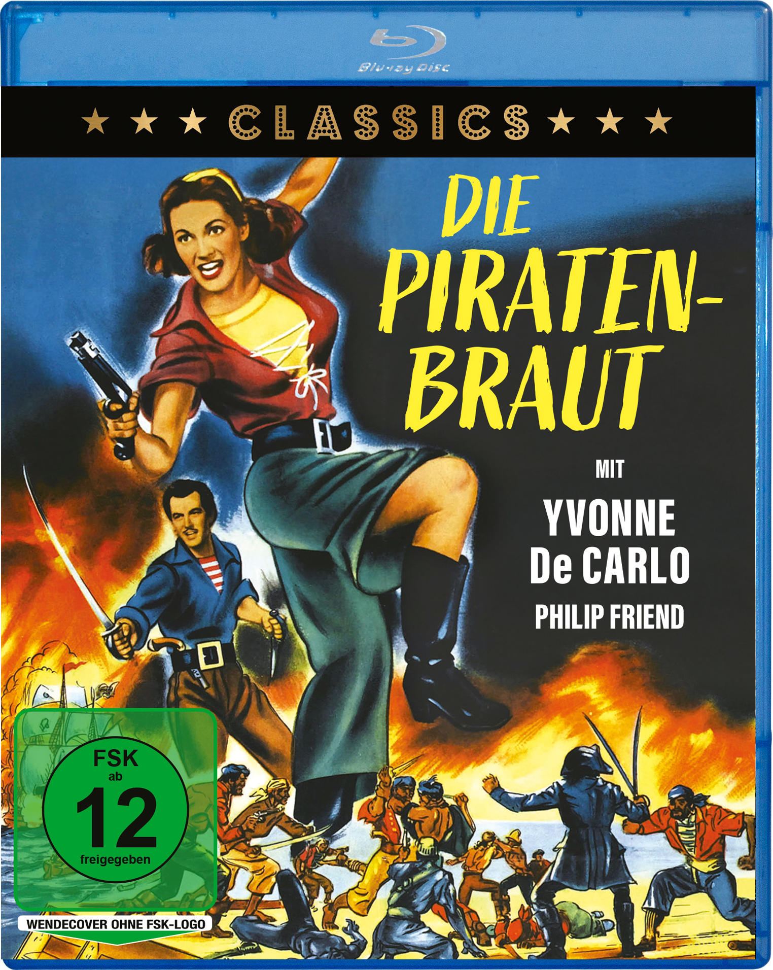 Blu-ray-Cover mit einer Frau, die eine Pistole hält. Titel: Die Piratenbraut. Weitere Figuren sind ein Mann mit einem Schwert und kämpfende Piraten.