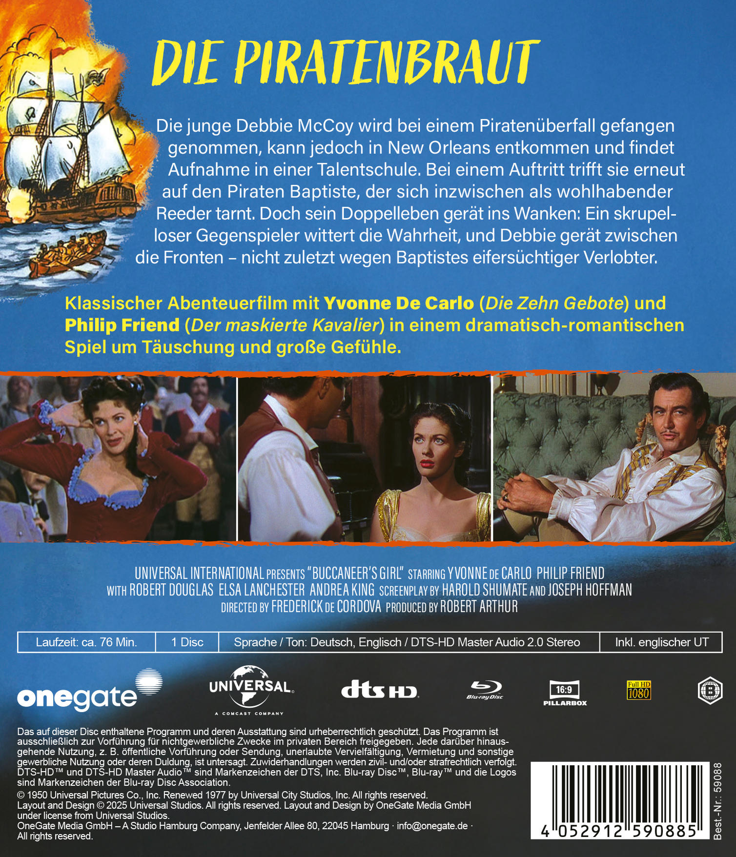 Filmcover. Ein Piratenschiff auf dem Meer, mit Schauspielern unten. Text in Gelb: DIE PIRATENBRAUT.
