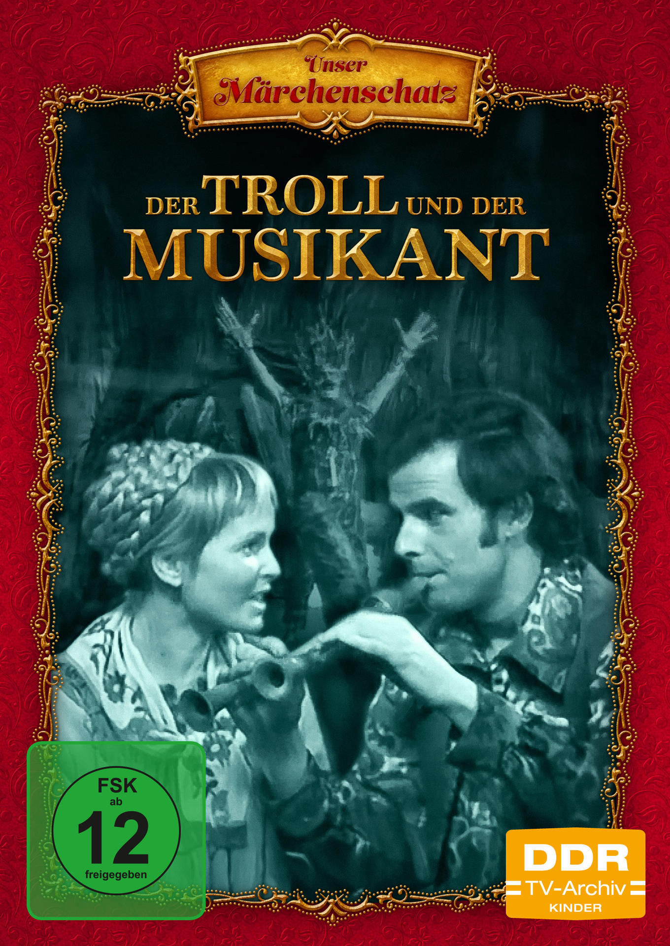 DVD-Cover. Titel: Der Troll und der Musikant. Zeigt zwei Personen, einen Mann und eine Frau. Roter Rahmen mit goldenen Akzenten und Text.