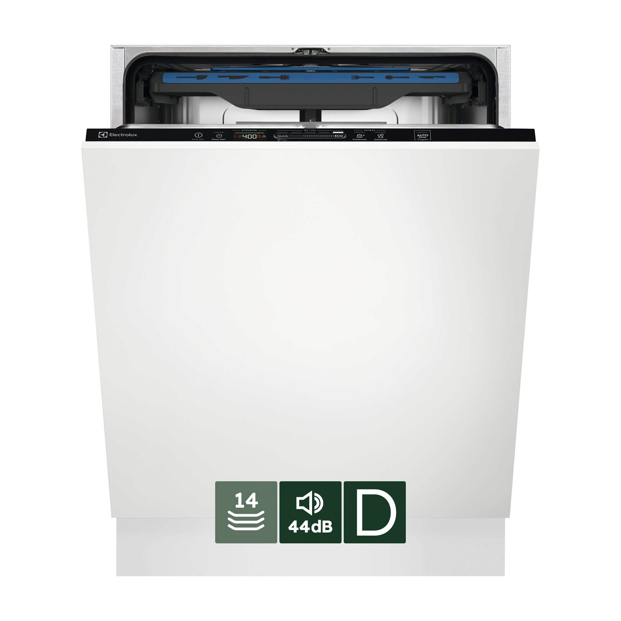 Biała zmywarka Electrolux. Posiada panel sterowania z przyciskami i wyświetlaczem. Mieści 14 kompletów i 44dB.