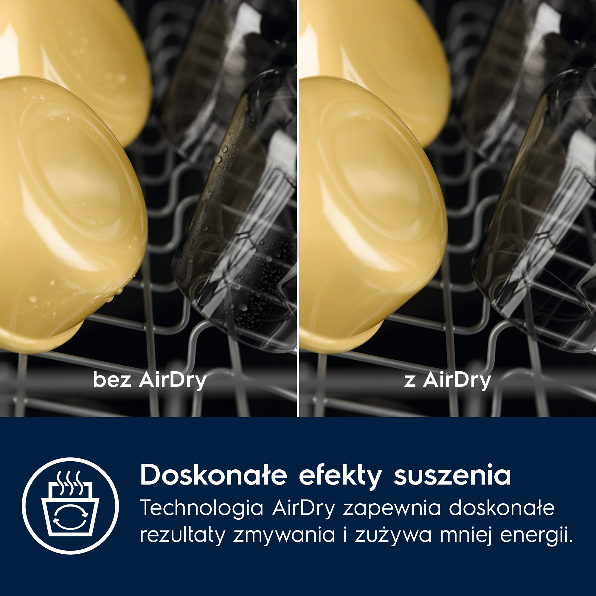 Porównanie zmywarek: mokre szklanki (po lewej) vs. suche szklanki (po prawej) z technologią AirDry. Żółte miski i czarne szklanki.