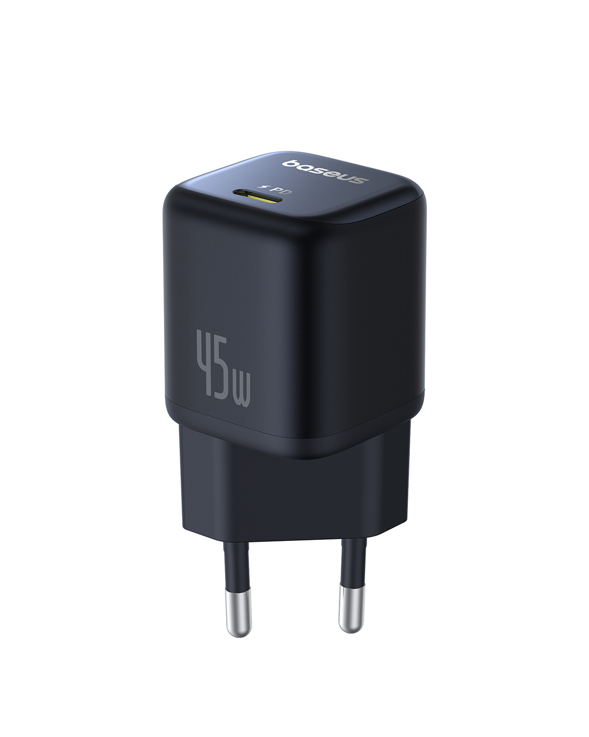 Un cargador negro Baseus de 45W. Tiene dos clavijas plateadas y un puerto USB-C. La marca y la potencia están impresas.