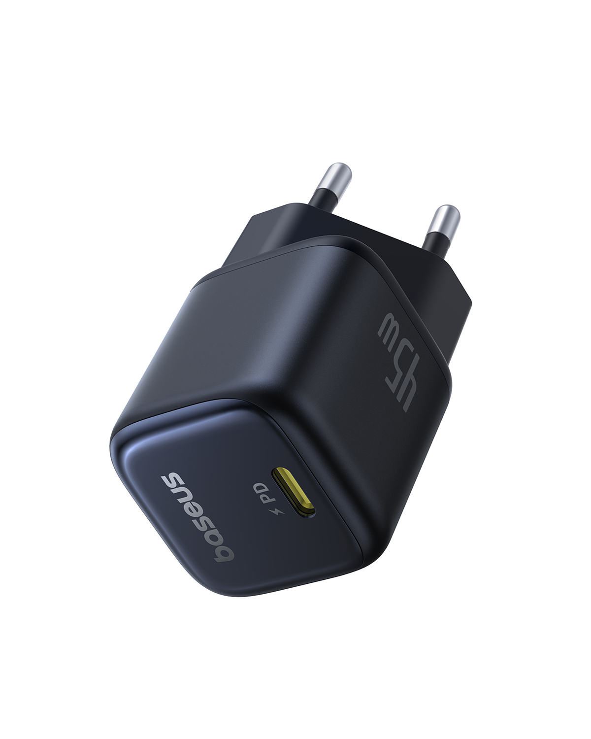 Un cargador Baseus 45W negro. Tiene dos clavijas plateadas, un puerto USB-C y texto blanco. El fondo es blanco.