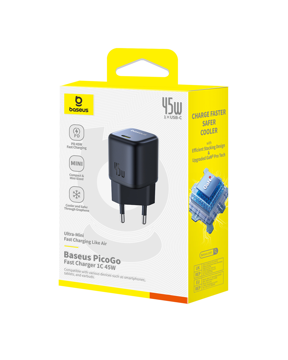 Un cargador Baseus PicoGo de 45W se muestra en una caja amarilla y blanca. El cargador es negro, con puerto USB-C y dos clavijas.