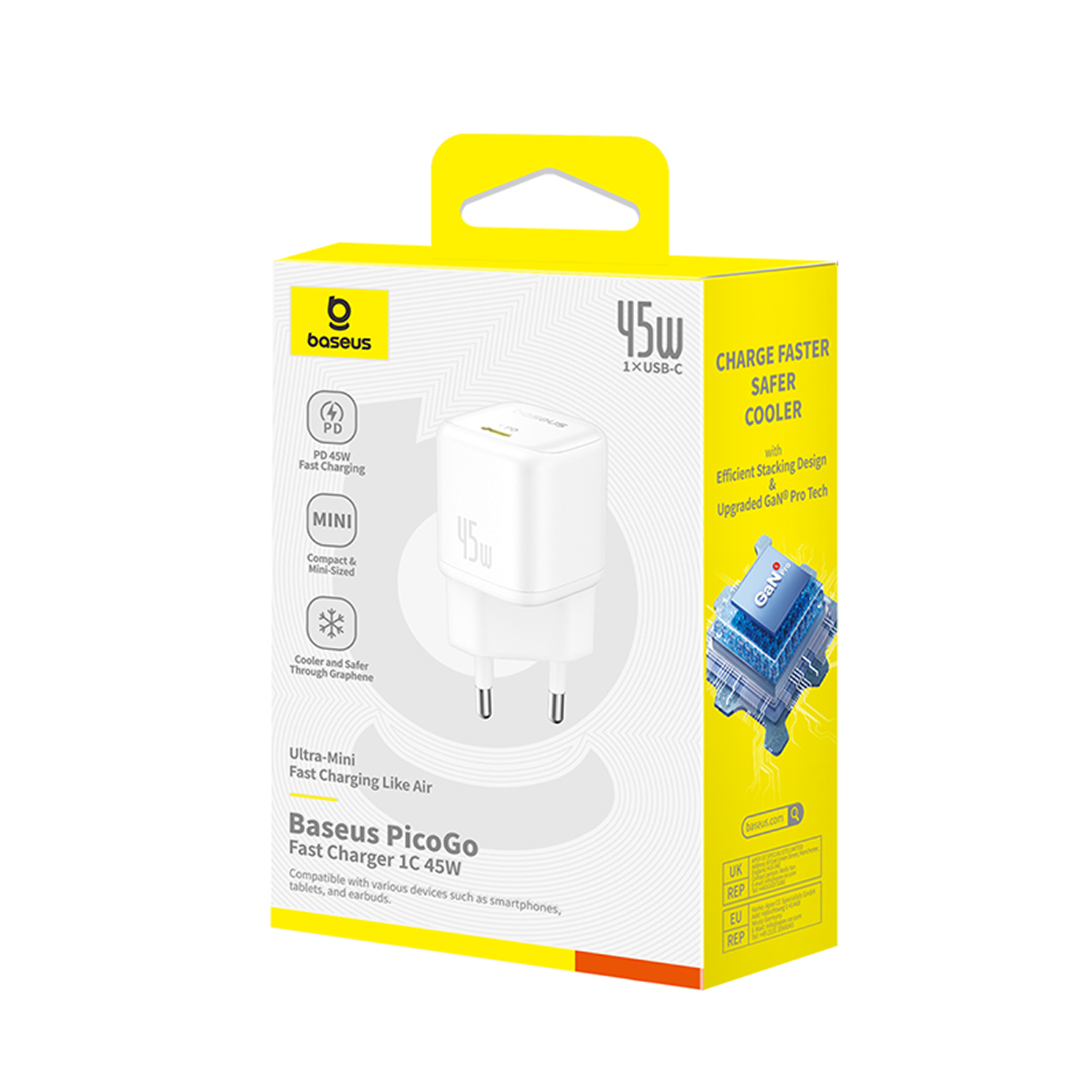 Cargador rápido Baseus PicoGo en una caja. Es blanco con un puerto USB-C. La caja es blanca y amarilla.