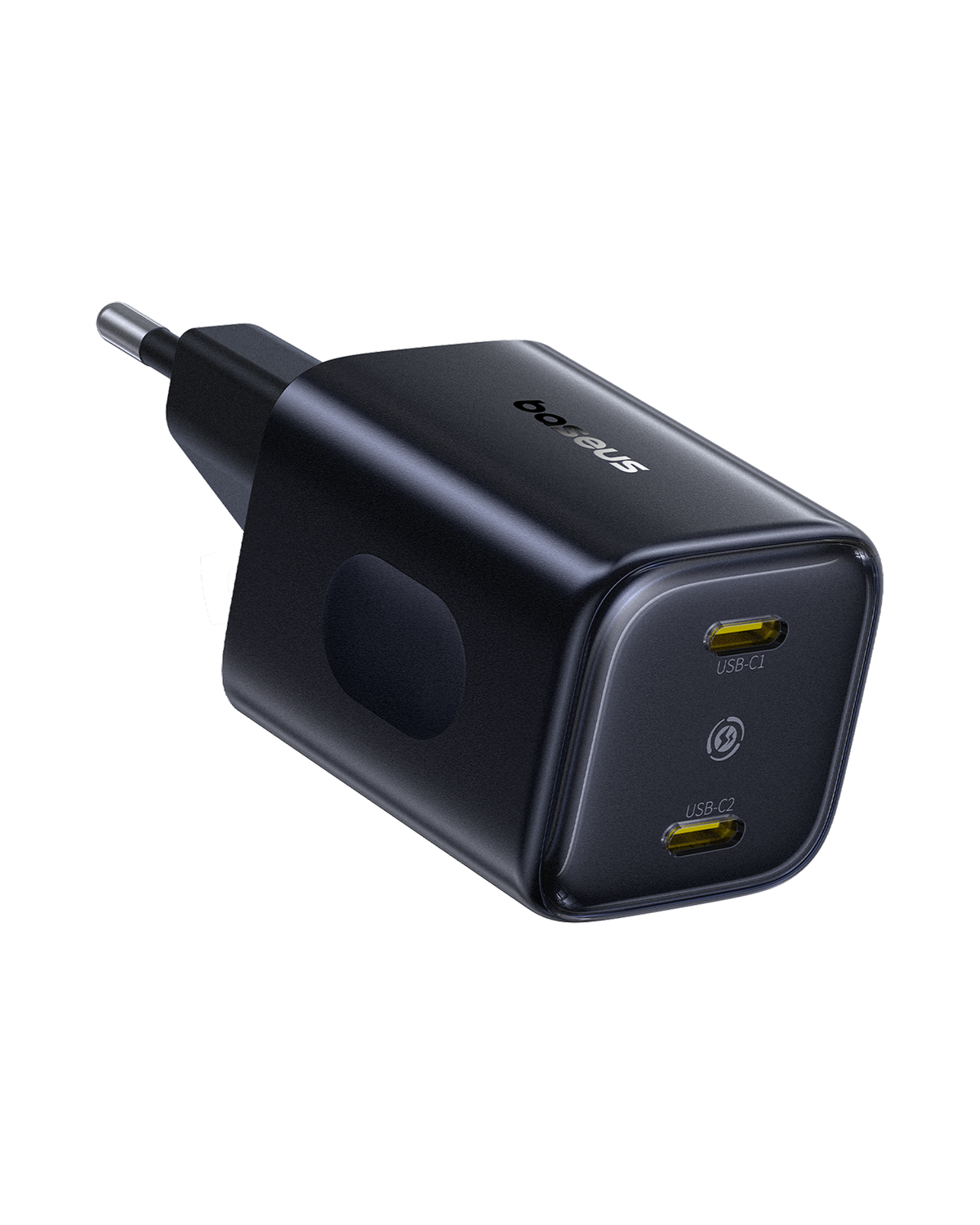 Un cargador USB Baseus negro sobre fondo negro. Tiene dos puertos USB-C y un enchufe.