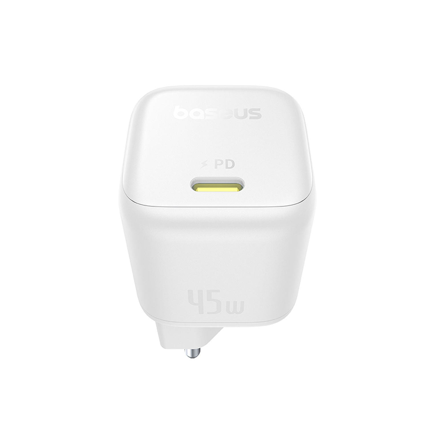 Un cargador Baseus 45W blanco. Tiene un puerto USB-C y el nombre de la marca en la parte superior. El cargador está sobre un fondo blanco.