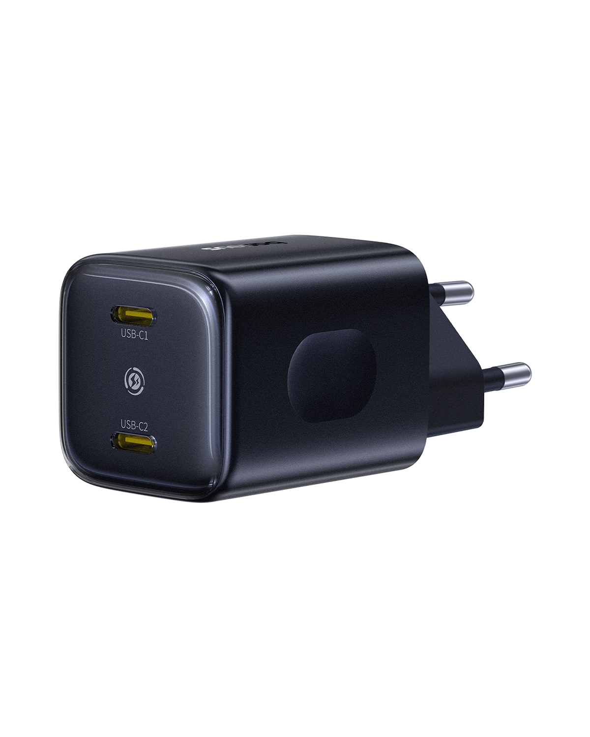 Un cargador USB negro con dos puertos USB-C, etiquetados como USB-C1 y USB-C2, con enchufe de dos clavijas para Europa.