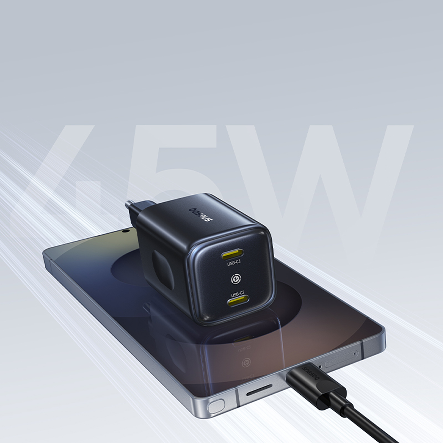 Cargador y cable negros conectados a un smartphone. El cargador tiene dos puertos USB-C. Texto blanco 45W.