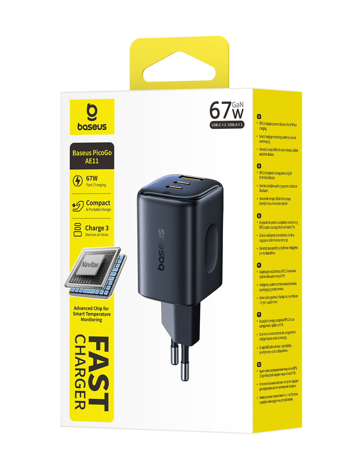 Cargador Baseus 67W GaN. Cargador cúbico negro con 3 puertos USB y enchufe, en embalaje blanco y amarillo.