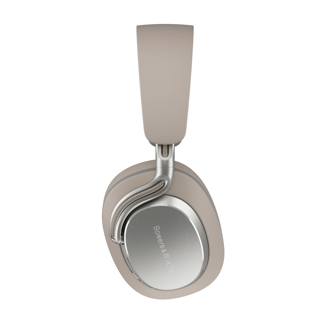 Auriculares beige con detalles plateados y auriculares. El nombre de la marca 'Bowers & Wilkins' es visible.