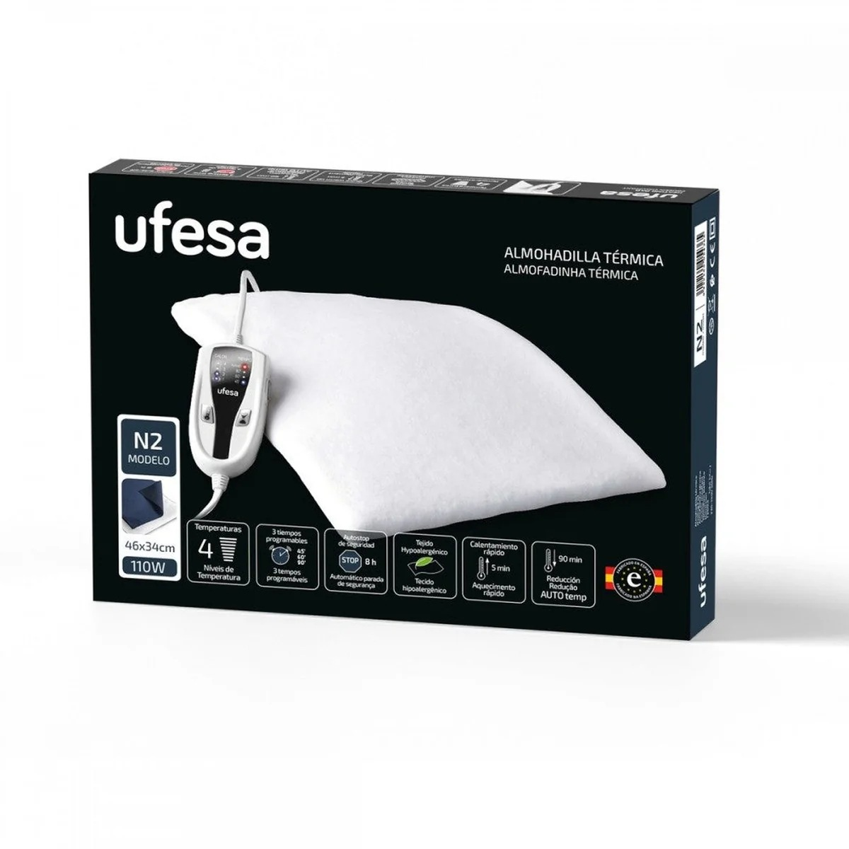 Una caja de almohadilla térmica Ufesa. Muestra la almohadilla, un controlador e iconos para funciones como ajustes de temperatura y apagado automático.