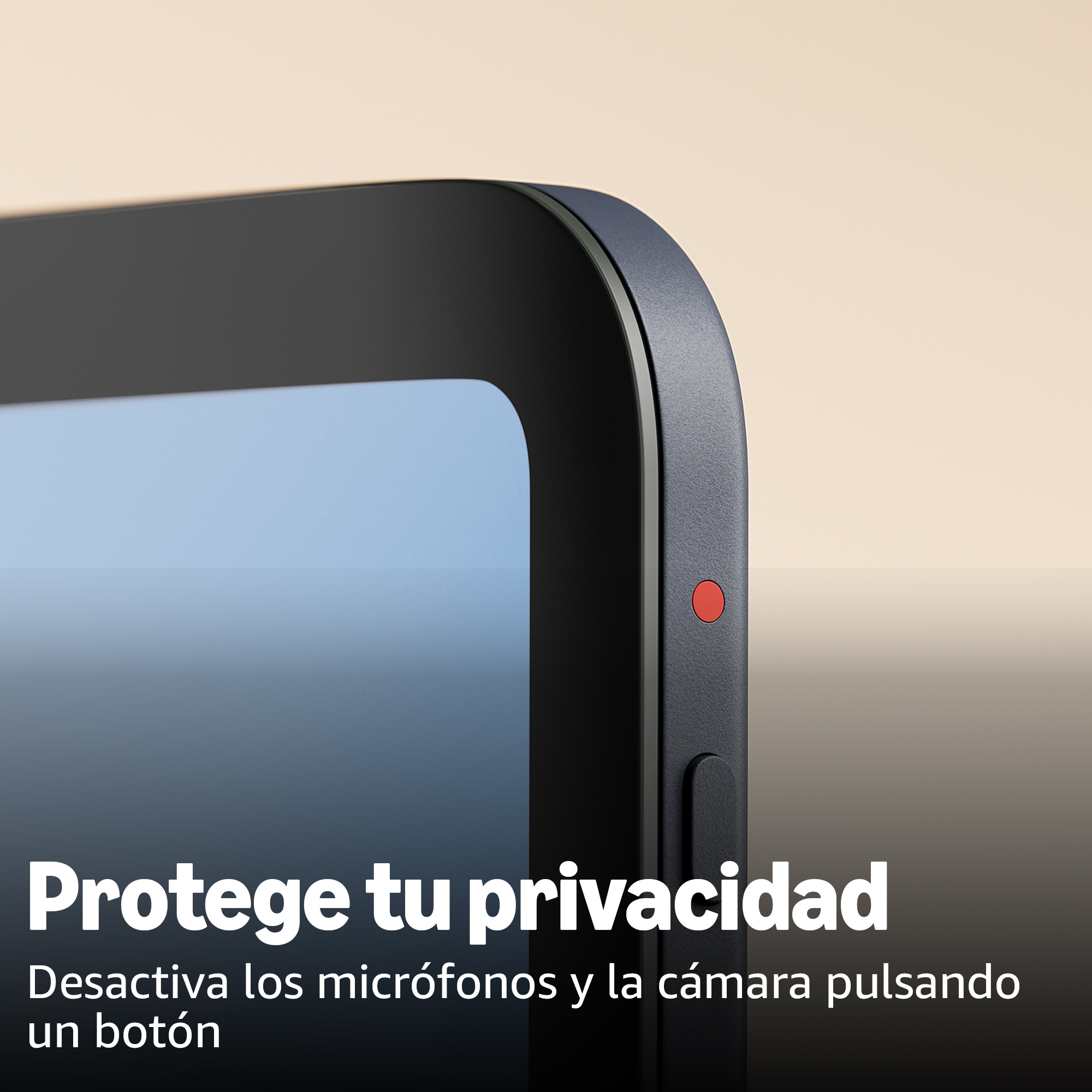 Primer plano de un dispositivo oscuro con un punto rojo. Texto: Proteja su privacidad. Desactive micrófonos y cámara.