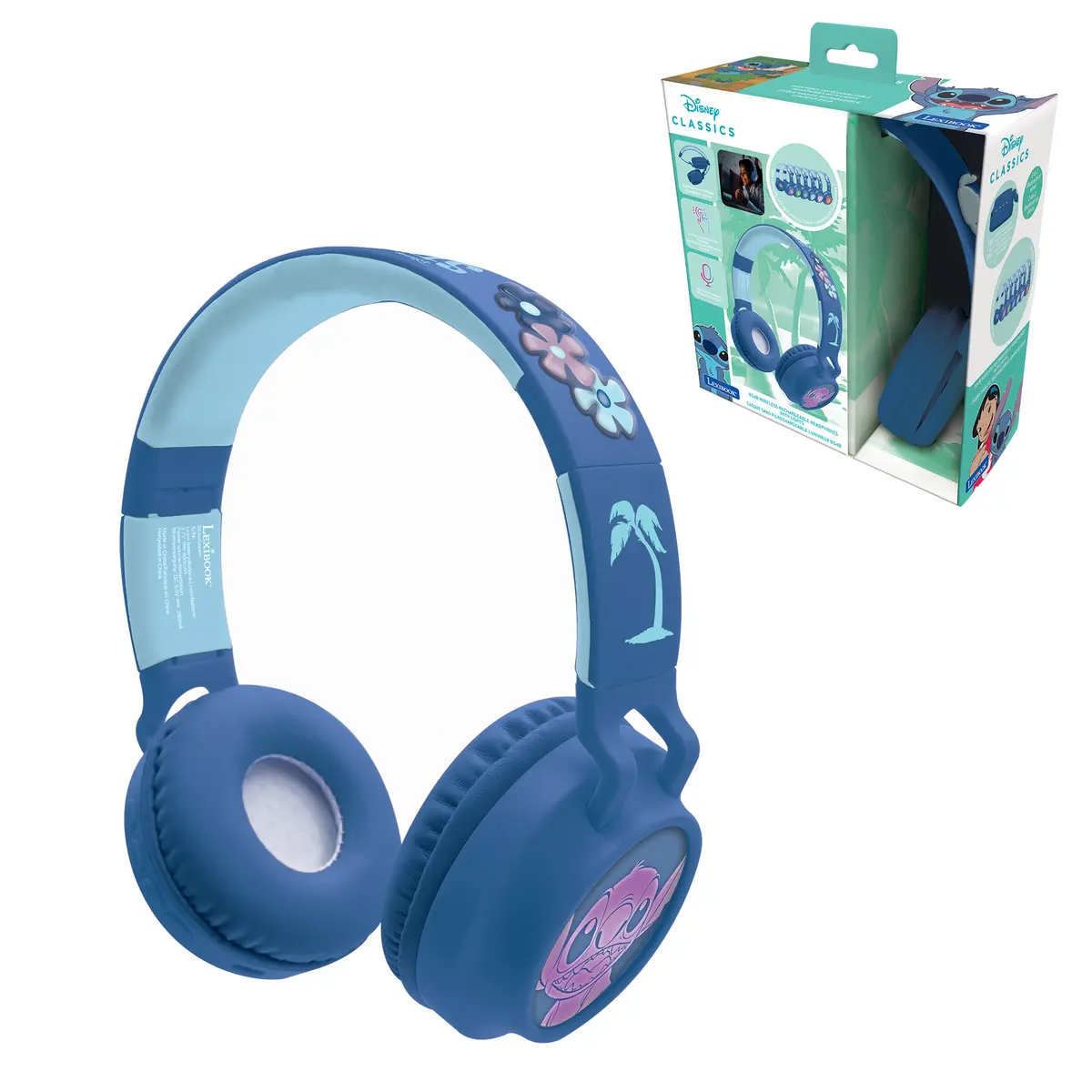 Auriculares azules de Disney Stitch con detalles de flores y palmeras. Empaquetados, con imágenes de Stitch. Interior de la diadema azul claro.