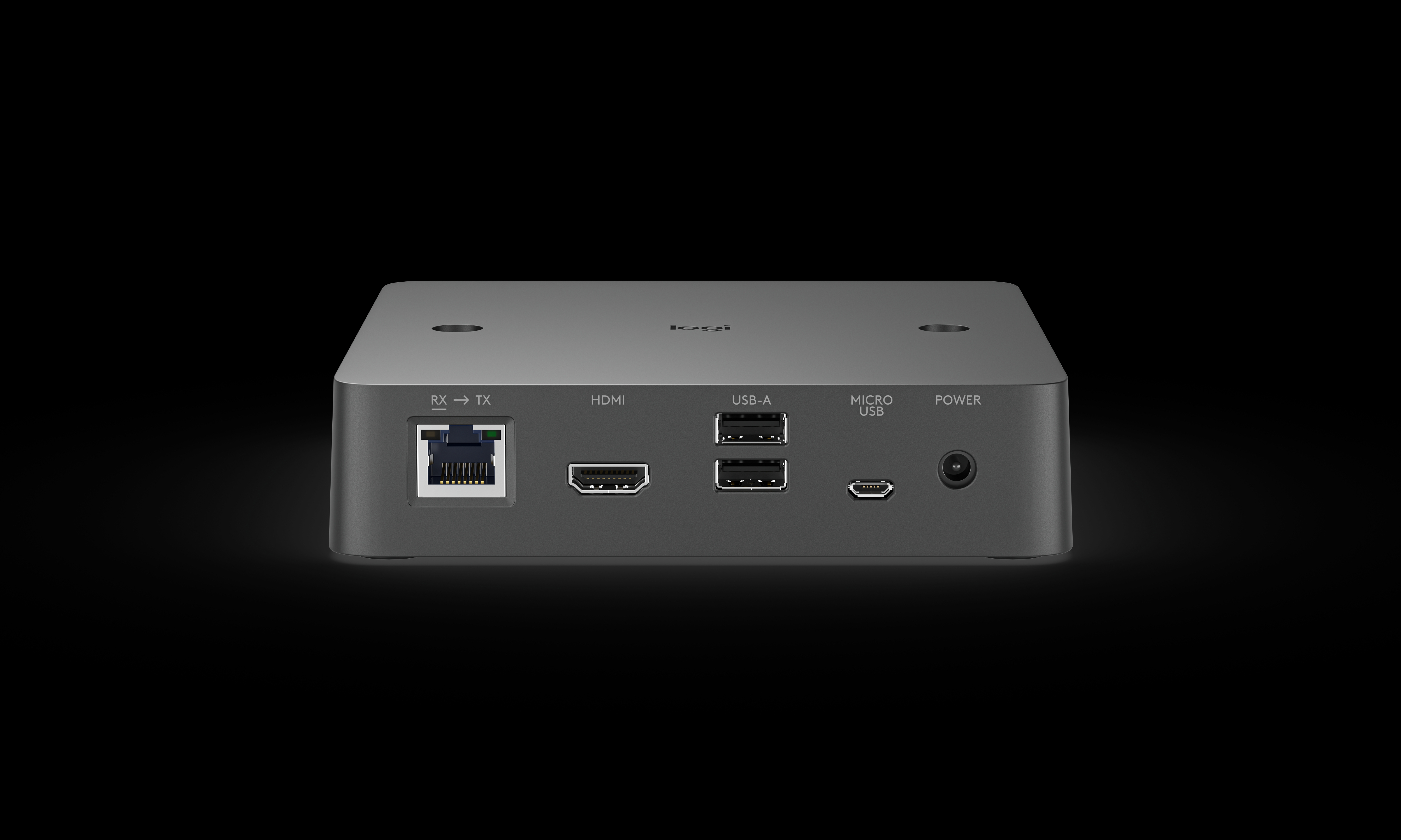 Ein graues Logitech-Gerät mit Anschlüssen: RX, TX, HDMI, USB-A, Micro-USB und Power. Es steht vor schwarzem Hintergrund.