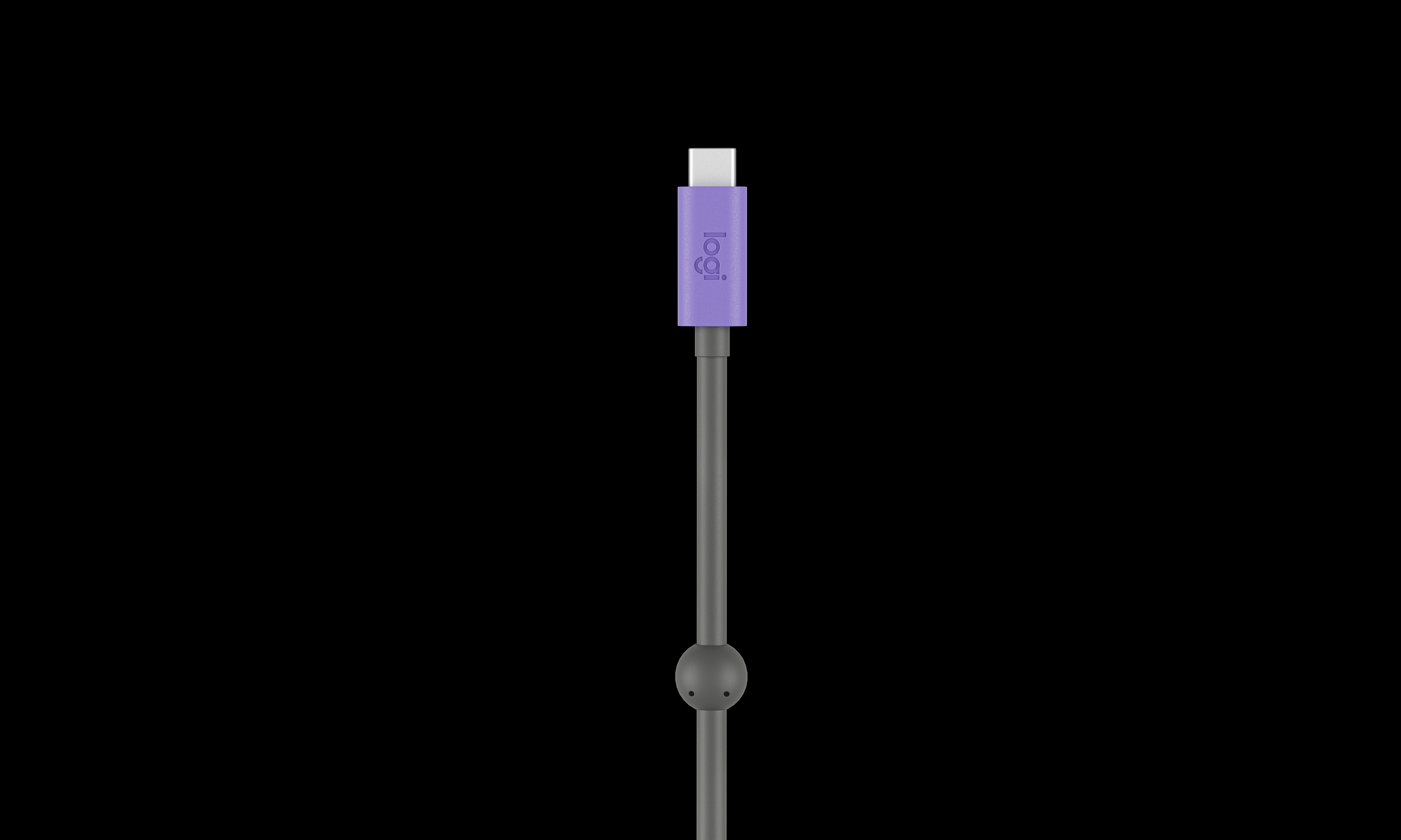 Ein lila USB-C-Kabel mit grauem Gehäuse und schwarzem Hintergrund. Das Kabel hat ein Logo.
