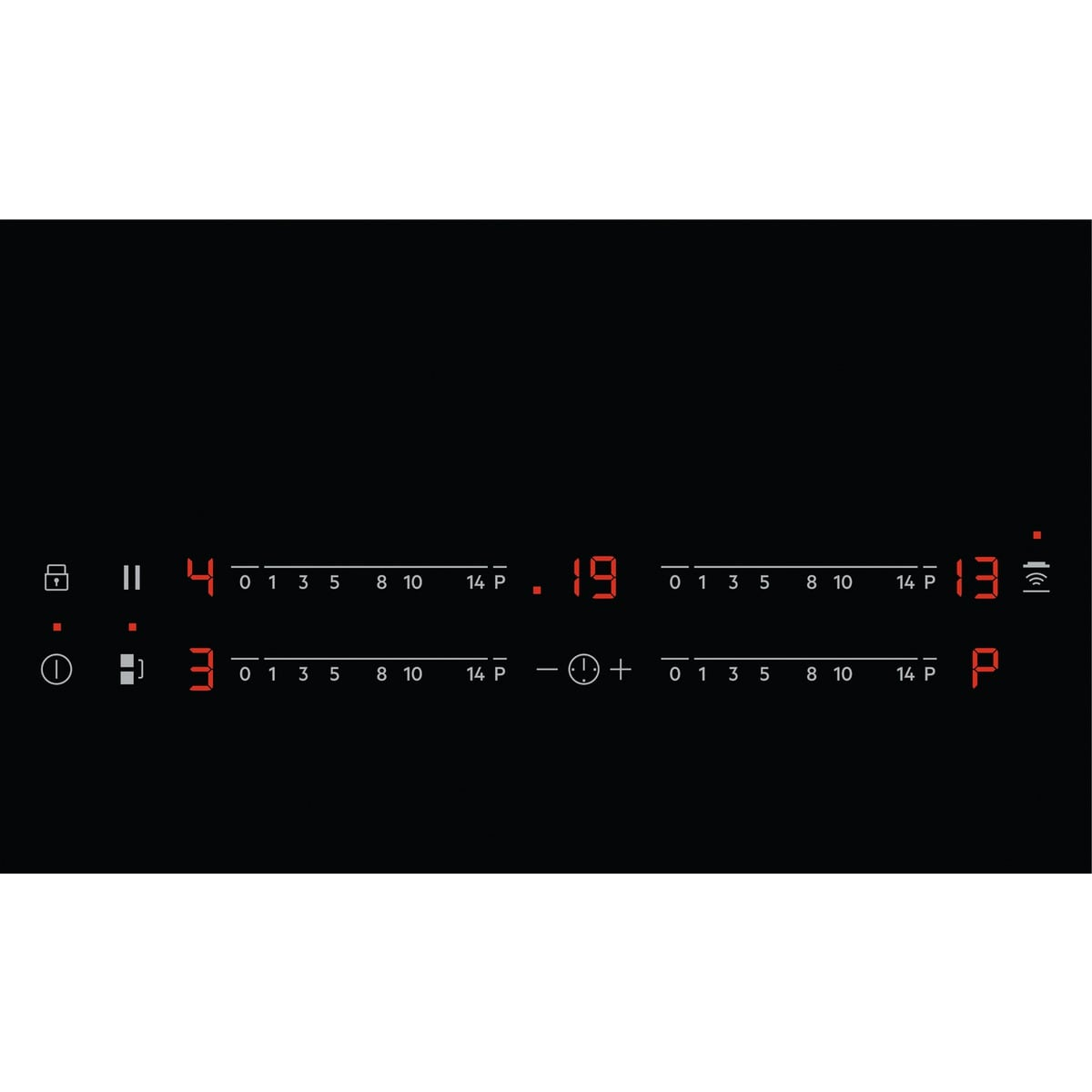 Placa de inducción negra con pantalla digital roja que muestra números y símbolos. Controles incluyen niveles de potencia y temporizadores.