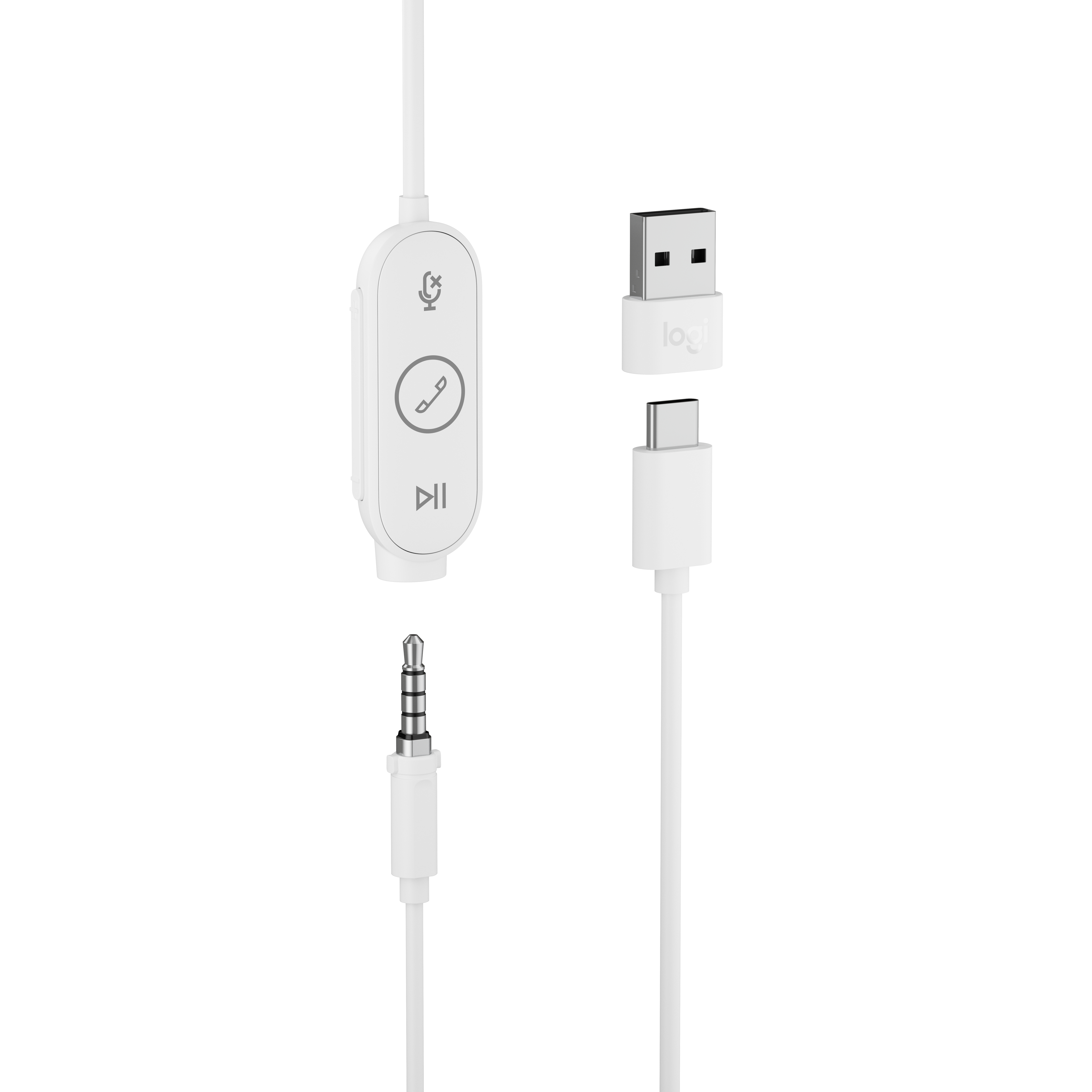 Weiße Headset-Komponenten auf Weiß. Enthält ein Steuermodul, USB-Adapter, USB-C-Anschluss und 3,5-mm-Klinke.