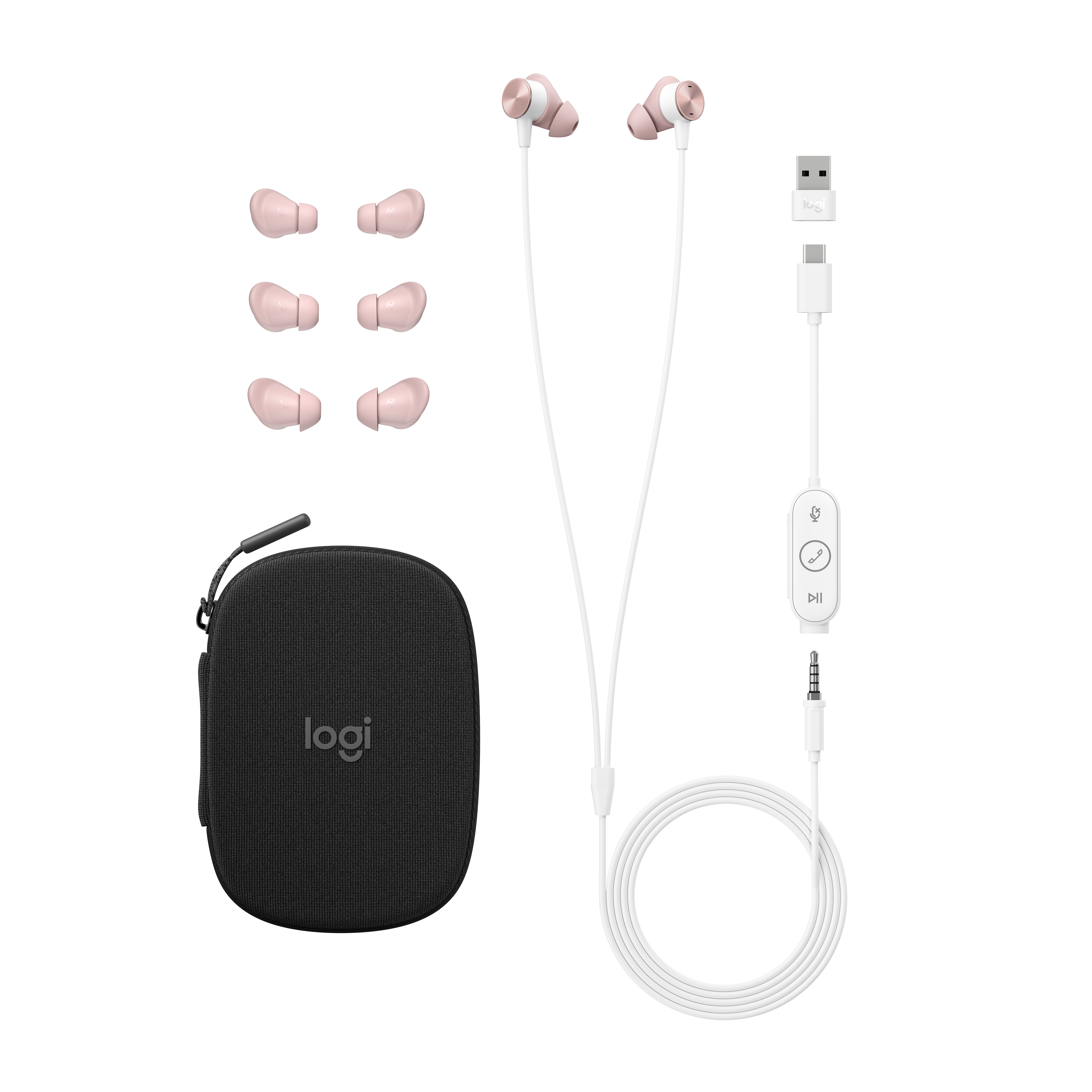 Kopfhörer mit Etui, zusätzlichen Ohrstöpseln und Ladezubehör. Die Ohrhörer sind rosa und weiß, das Etui ist schwarz.