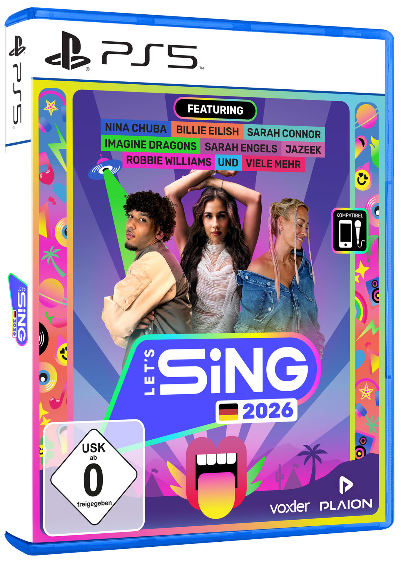 Spielcover. Enthält Künstler wie Billie Eilish. Der Titel lautet Let's Sing 2026. Enthält Bilder von drei Personen. Der Hintergrund ist farbenfroh.