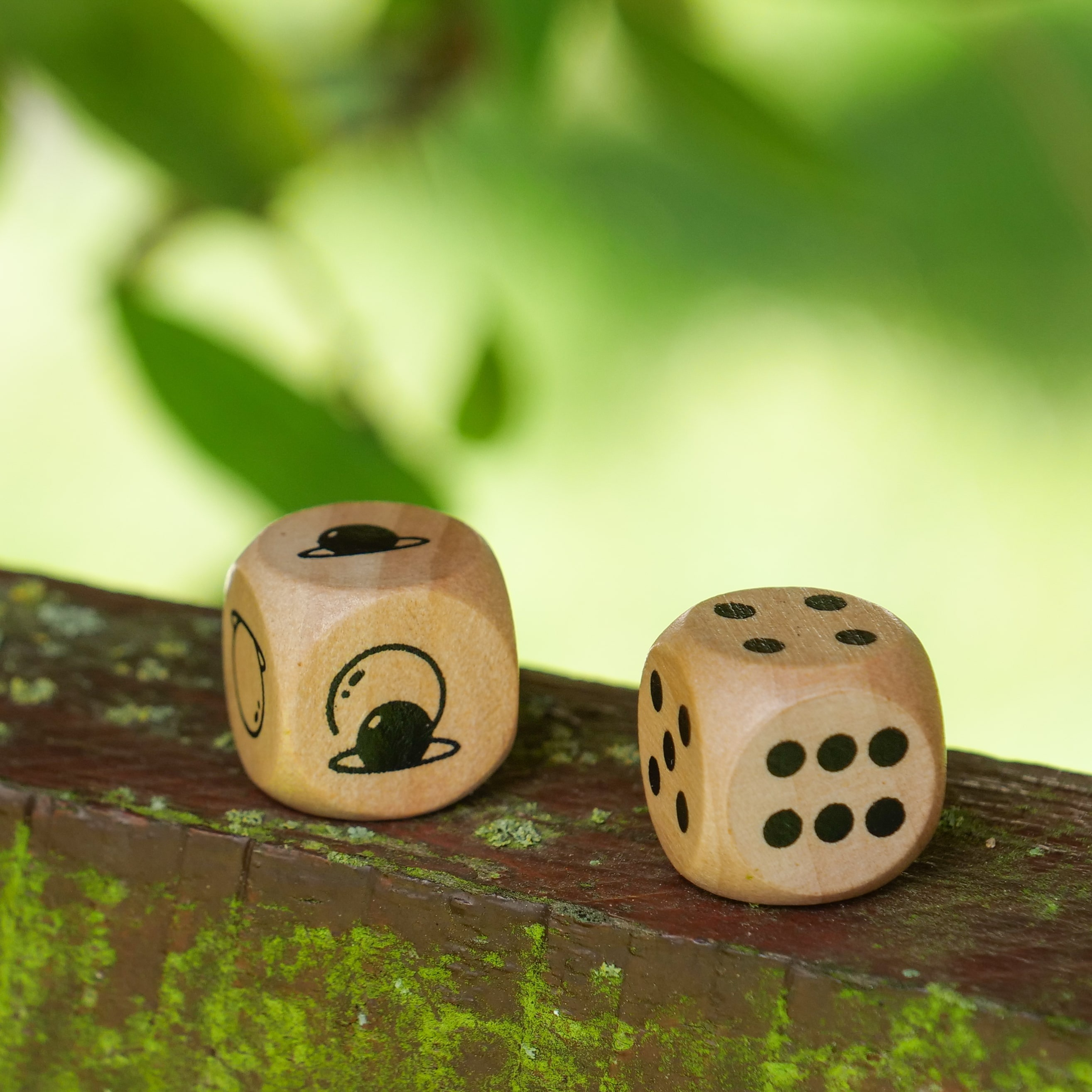 Dwie drewniane kostki na omszałej powierzchni, zielone tło. Jedna ma planety, druga sześć kropek.