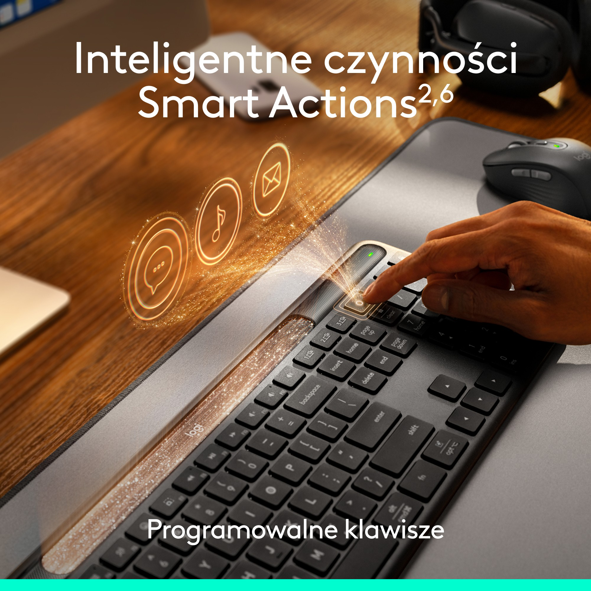 Dłoń naciska klawisz na czarnej klawiaturze. Tekst mówi „Smart Actions” i „Programowalne klawisze”.