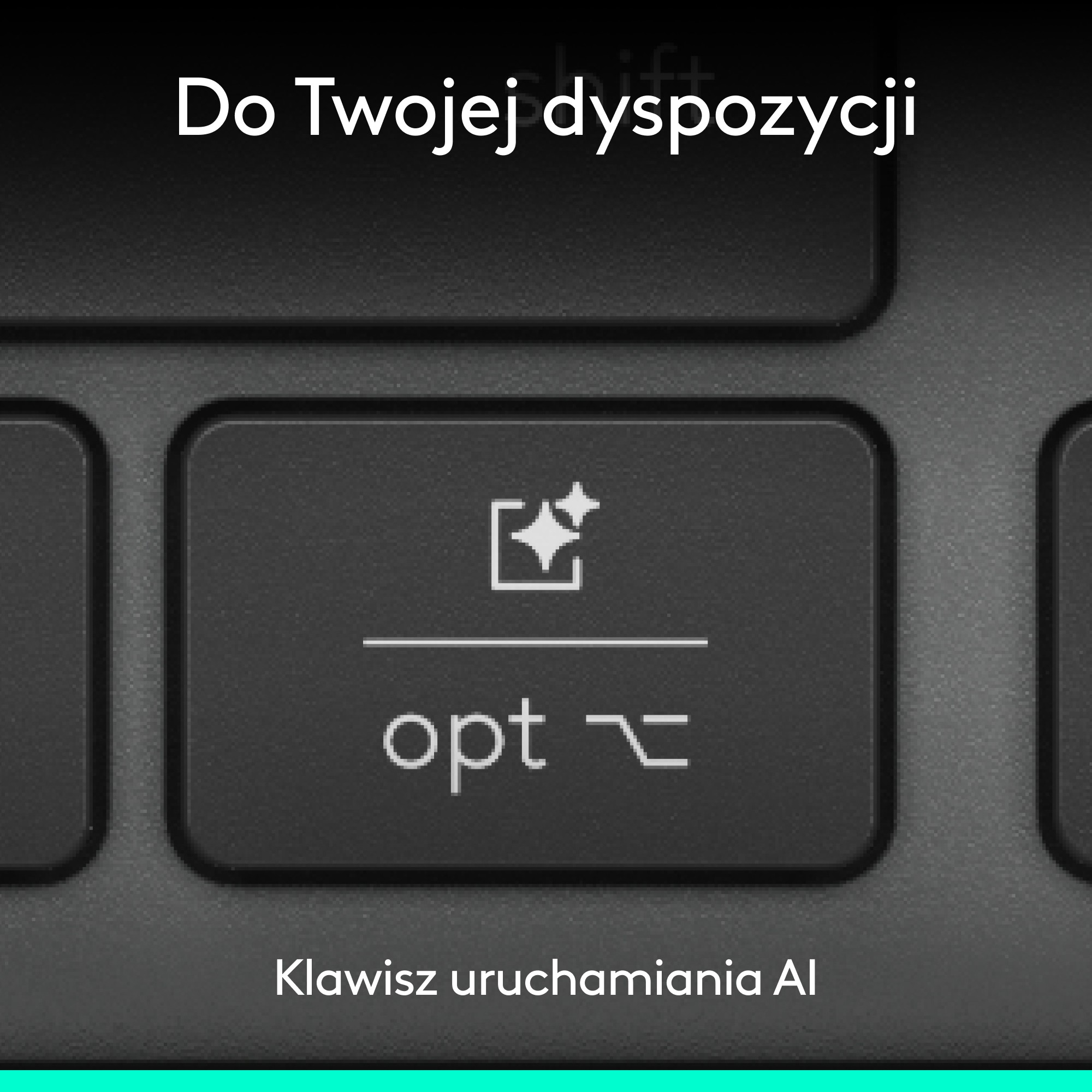 Zbliżenie klawisza klawiatury z napisem 'opt' i symbolem. Poniżej znajduje się tekst 'Klawisz uruchamiania AI'.