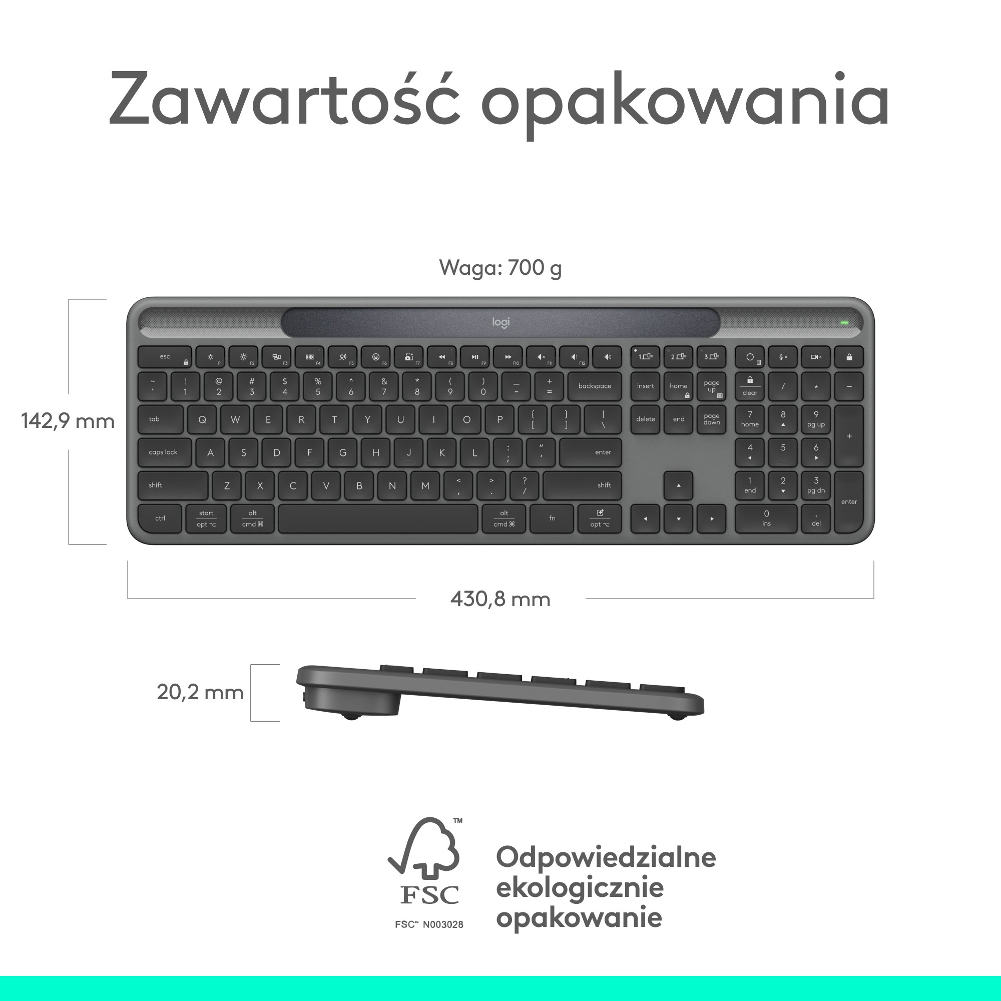 Obraz przedstawia klawiaturę Logitech. Pokazano wymiary i wagę. Tekst po polsku: Zawartość opakowania. Obecne logo FSC.