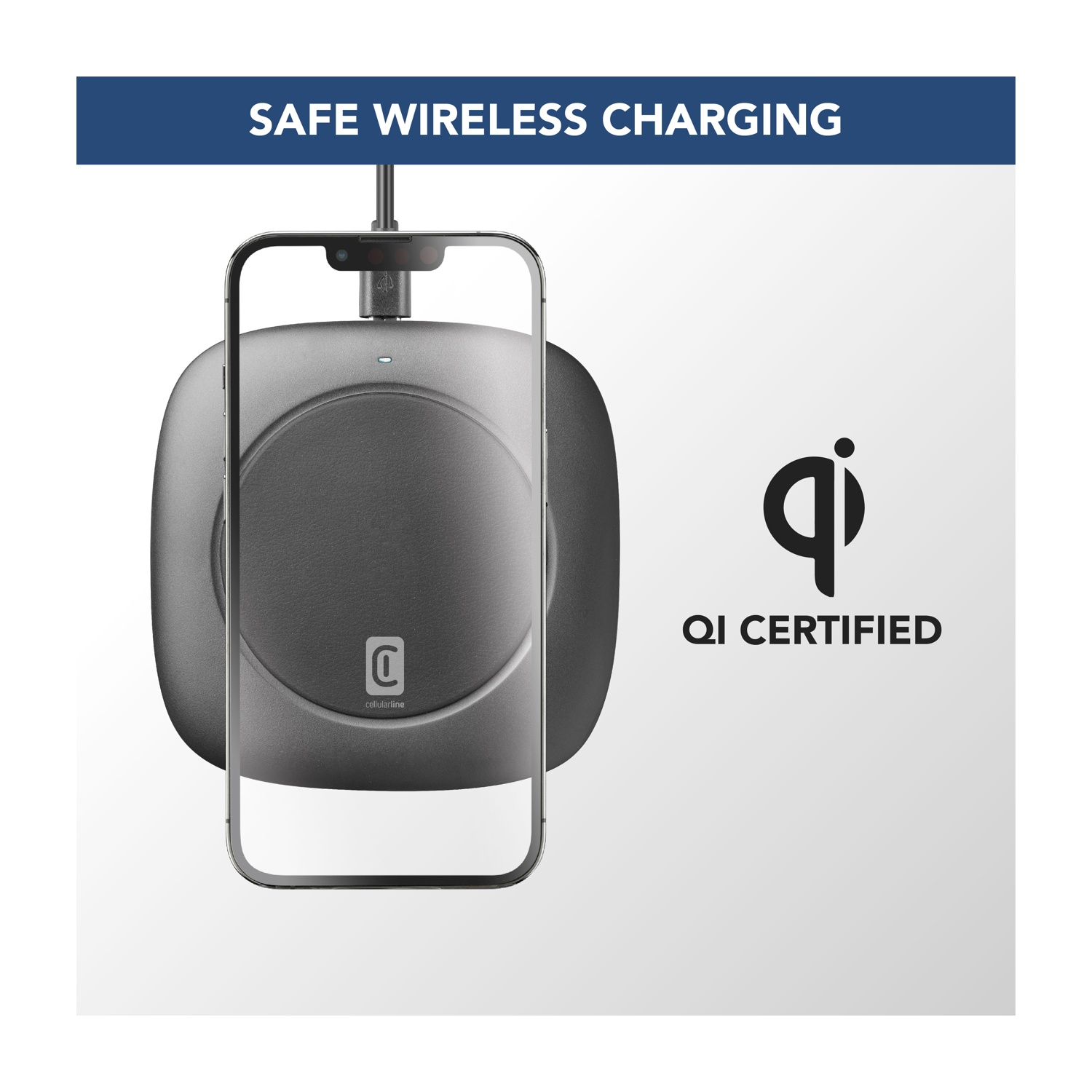 Un pad di ricarica wireless con un contorno di telefono, il logo QI Certified e il testo 'SAFE WIRELESS CHARGING' sono visibili.