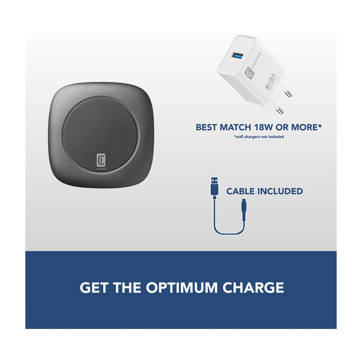 L'immagine mostra un caricabatterie wireless, un caricabatterie bianco con 9V2A e un cavo. Il testo dice 'Best match 18W or more' e 'Cable included'.