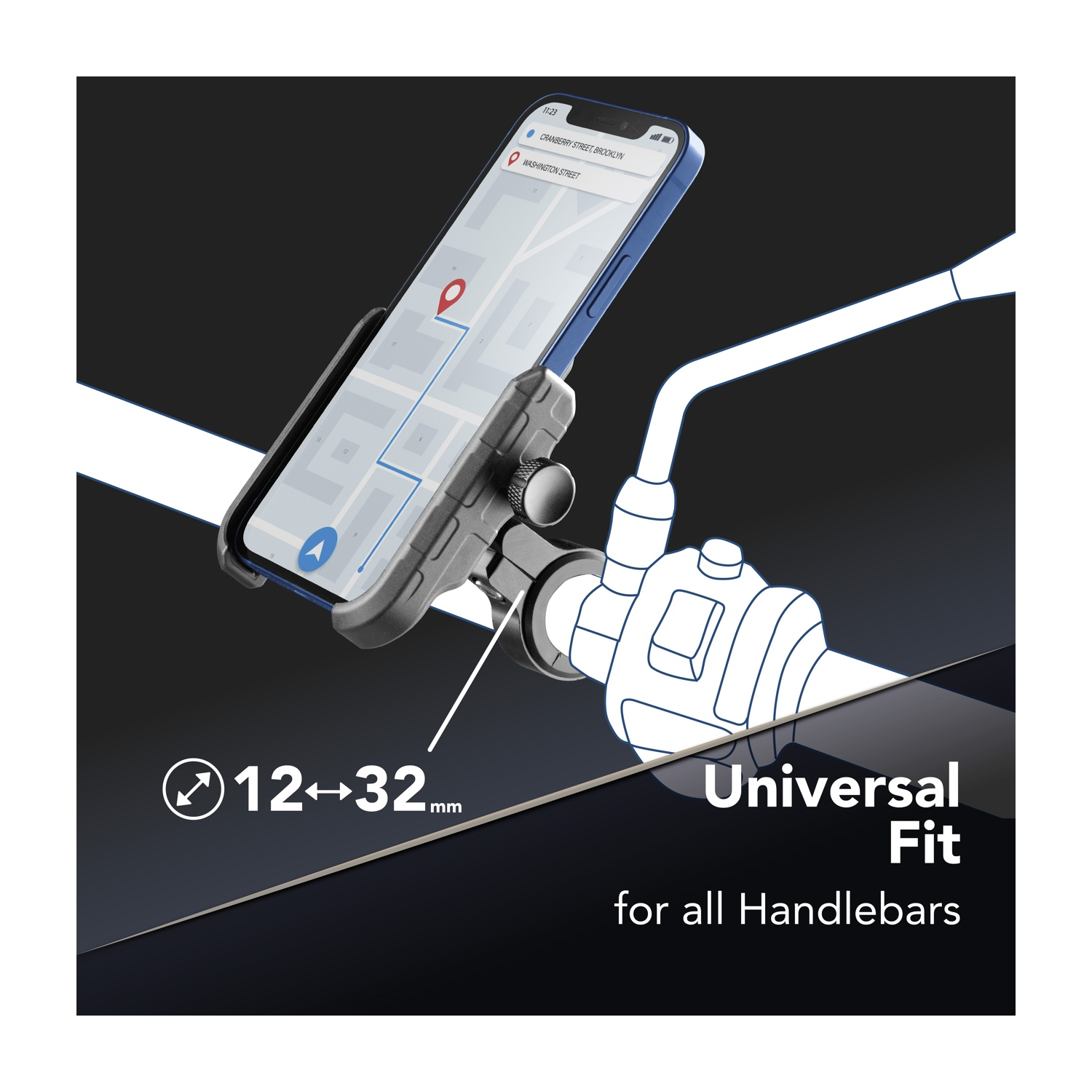 Telefono montato sul manubrio della moto. Lo schermo mostra la mappa. Testo: Adattamento universale per tutti i manubri. Gamma di dimensioni 12-32mm.