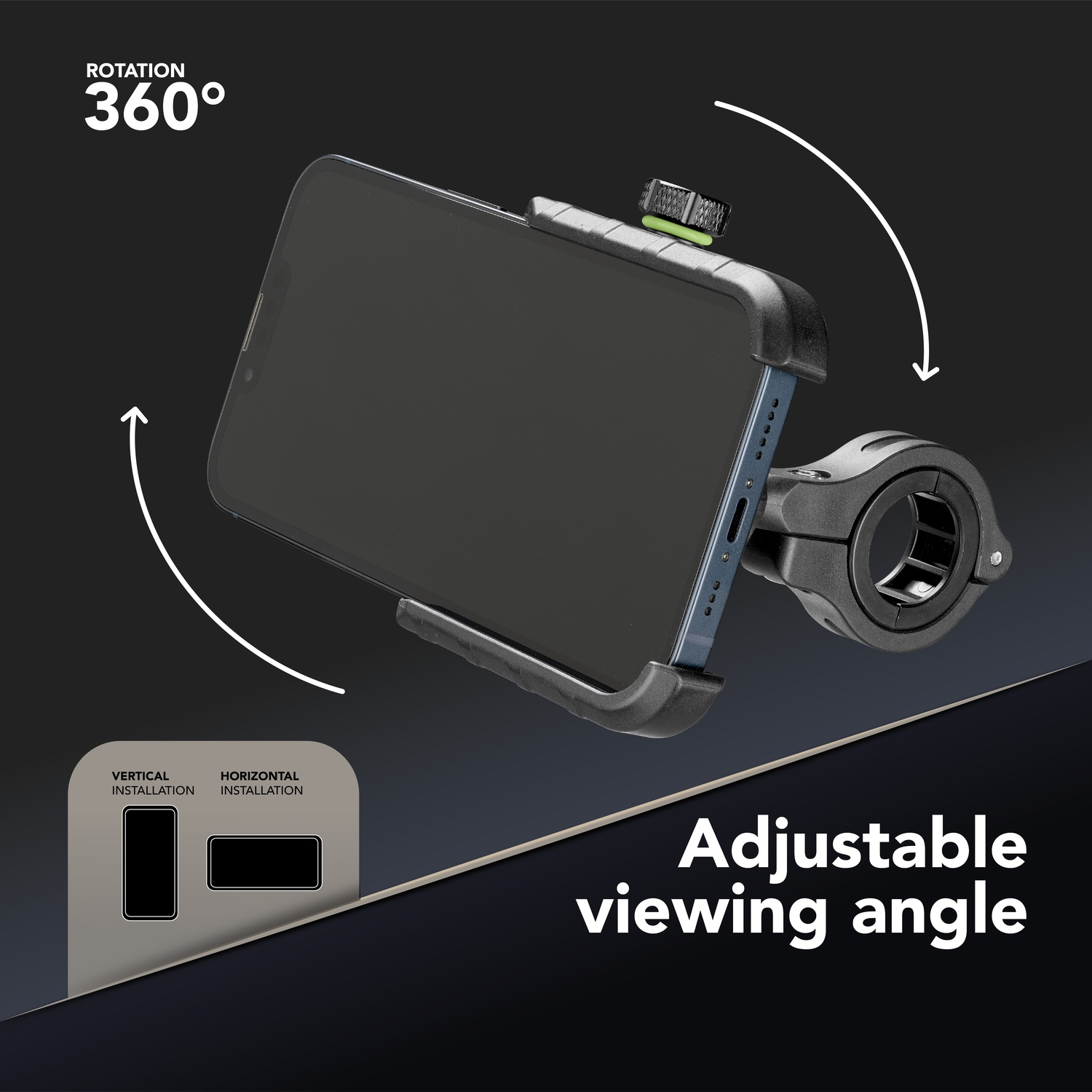 Supporto per telefono con rotazione a 360°. Un telefono montato, con opzioni di installazione verticale e orizzontale. Angolo di visione regolabile.
