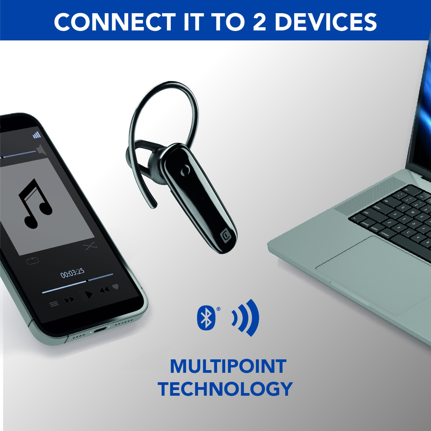 Un auricolare nero fluttua tra un telefono con lettore musicale e un laptop. Testo blu: 'Collegalo a 2 dispositivi'.