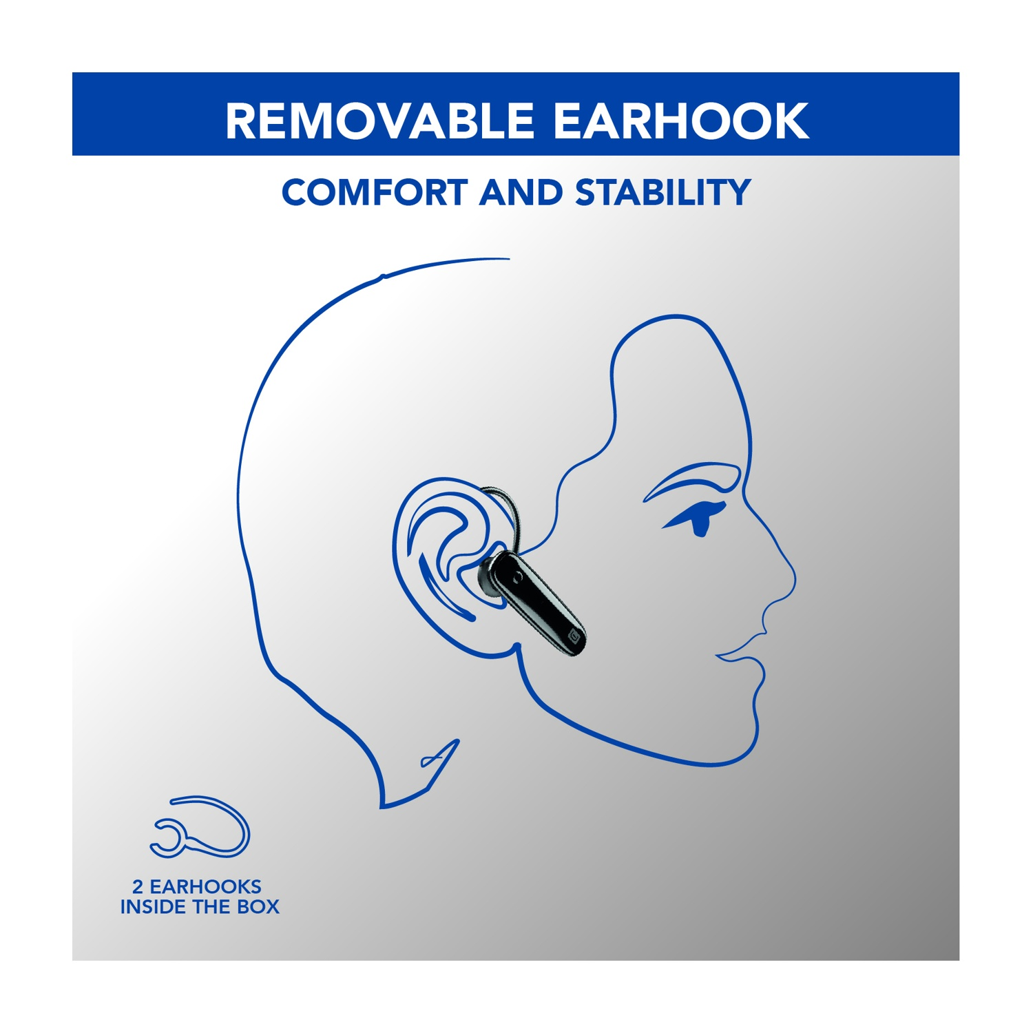 Diagramma di una persona che indossa un auricolare nero con un gancio per l'orecchio rimovibile. Contorno blu della testa e testo: Gancio per l'orecchio rimovibile, comfort e stabilità.