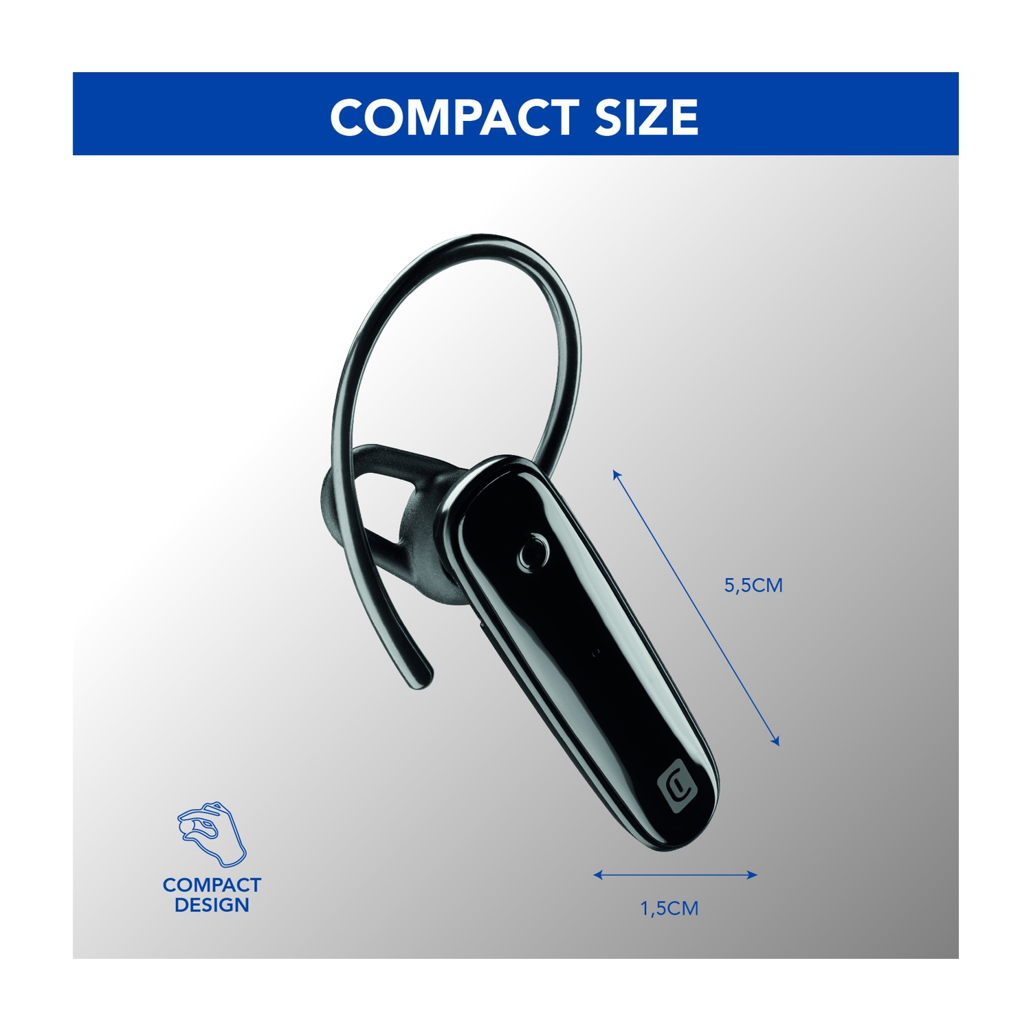 Cuffia nera con archetto, design compatto. Dimensioni: 5,5 cm di lunghezza, 1,5 cm di larghezza. Testo blu 'COMPACT SIZE' e 'COMPACT DESIGN'.