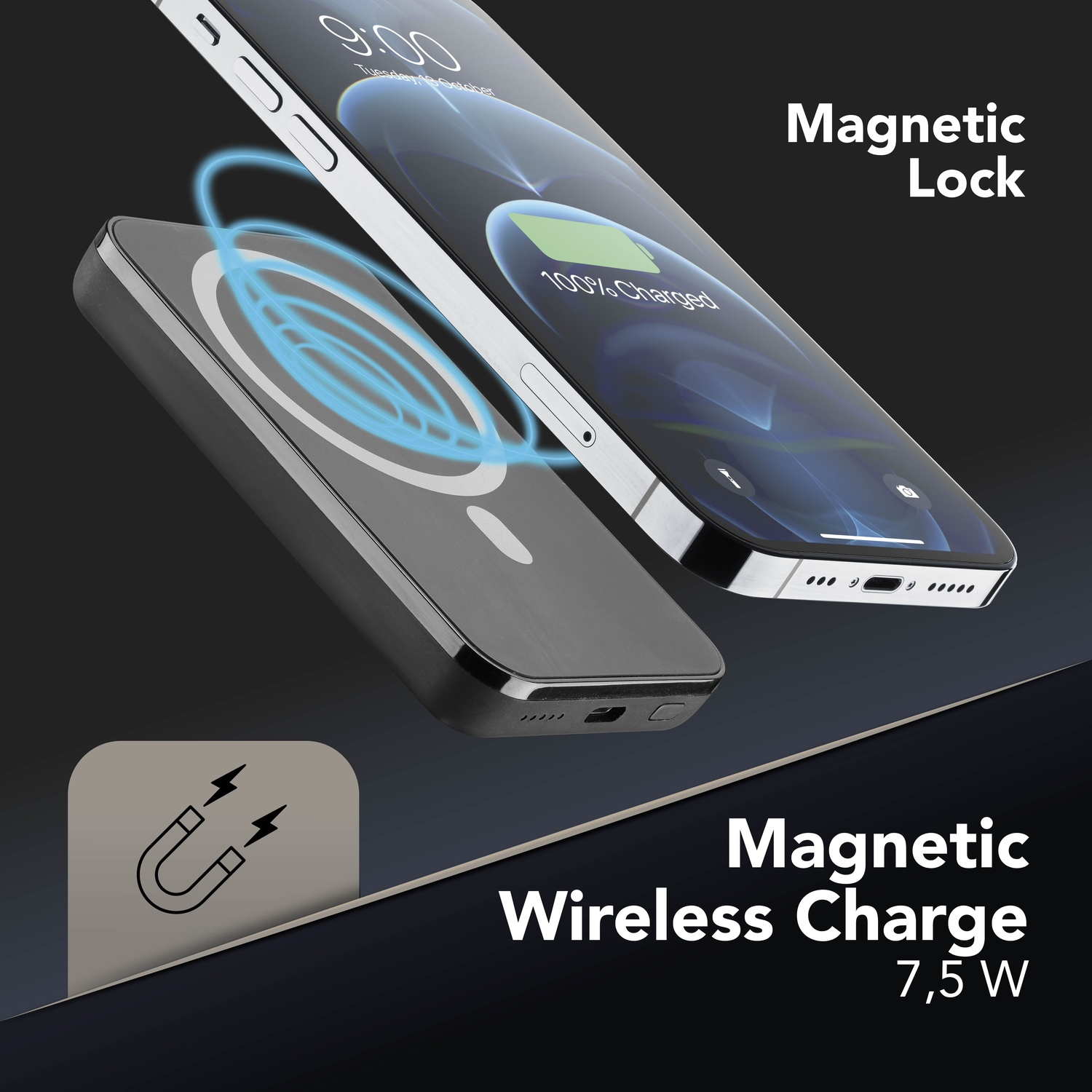 L'immagine mostra un telefono in carica wireless tramite un caricatore magnetico. Il telefono mostra 100% di carica. Testo: 'Magnetic Lock' e 'Wireless Charge'.