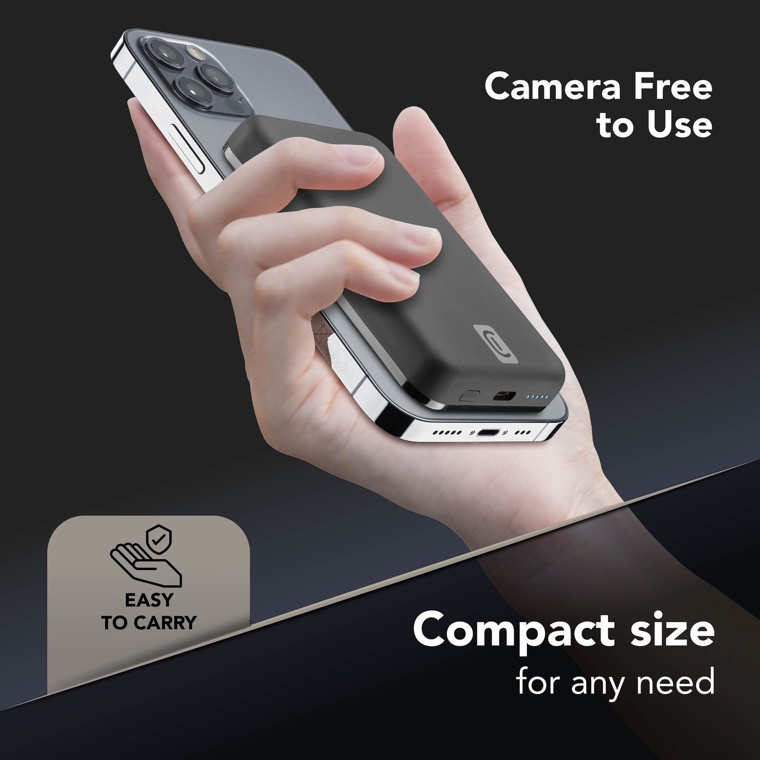 Una mano che tiene un telefono con un dispositivo di ricarica nero collegato. Testo: Fotocamera libera di usare, facile da trasportare e dimensioni compatte.