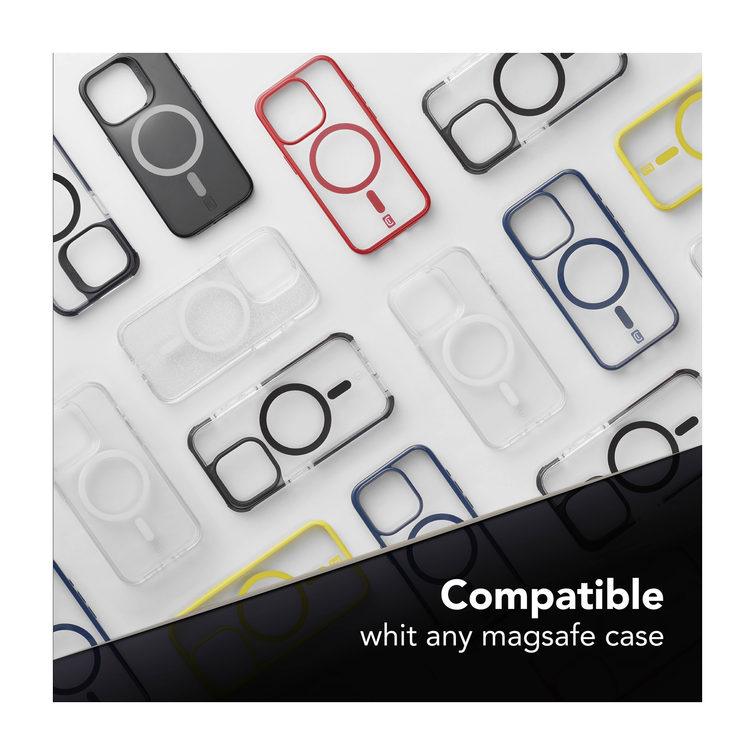 Varie custodie per telefoni con funzione MagSafe in diversi colori sono esposte su una superficie bianca. Il testo recita: Compatibile con qualsiasi custodia magsafe.