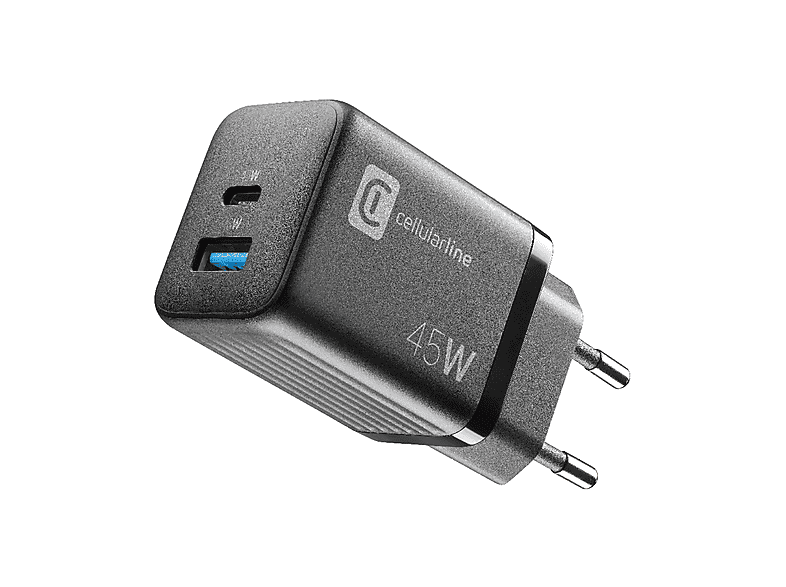 Caricabatteria Cellularline Caricatore Multipower Micro 45W GaN Super Fast Charger Max con 2 Porte, 1 porta USB da 18W, Usb-C
