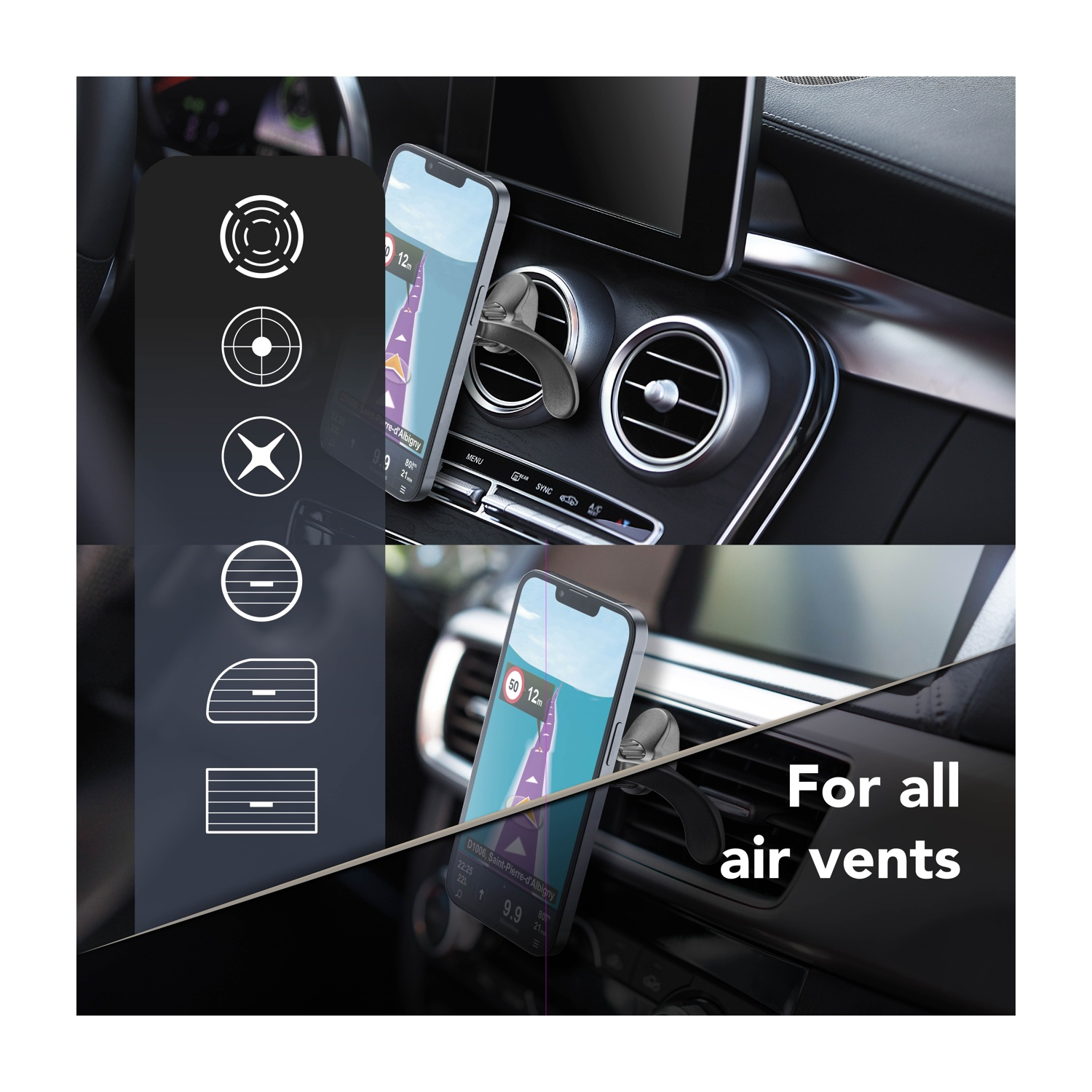 Un telefono con navigazione è montato in un'auto. L'immagine mostra un supporto per telefono su una presa d'aria. Testo: Per tutte le prese d'aria.