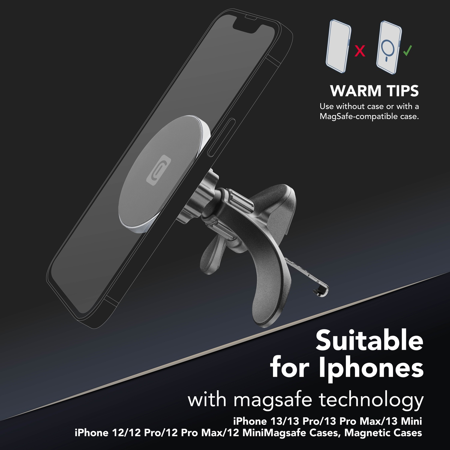 Un telefono in un supporto per auto con custodia MagSafe. Testo: Adatto per iPhone con tecnologia magsafe.