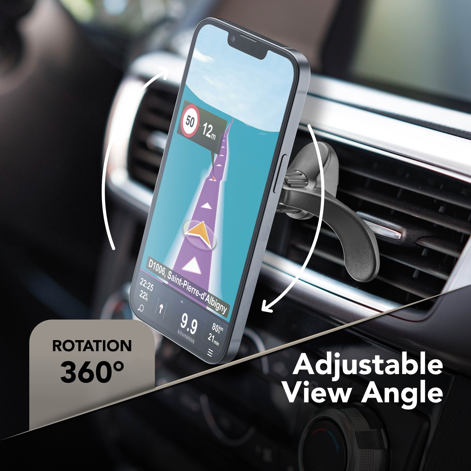 Un telefono con app di navigazione è montato in auto. Offre rotazione a 360 gradi e angolo di visione regolabile.