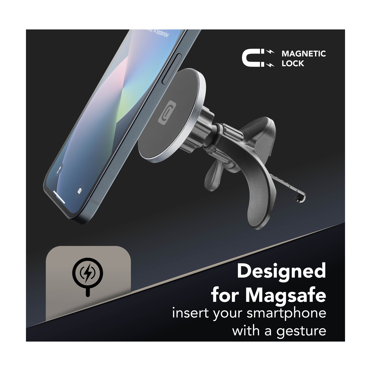 Un telefono fissato magneticamente a un supporto per auto. Il testo recita: 'Progettato per Magsafe, inserisci il tuo smartphone con un gesto'.