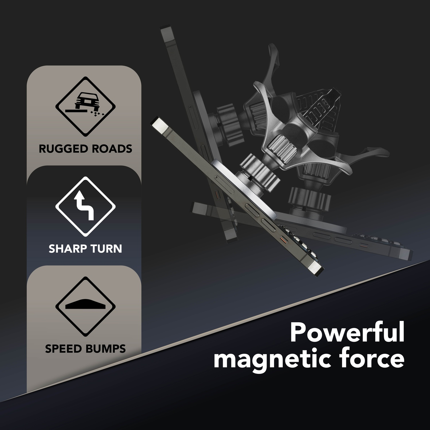 L'immagine mostra un supporto per telefono, segnali stradali e il testo 'Powerful magnetic force'. Il supporto è argento e nero.