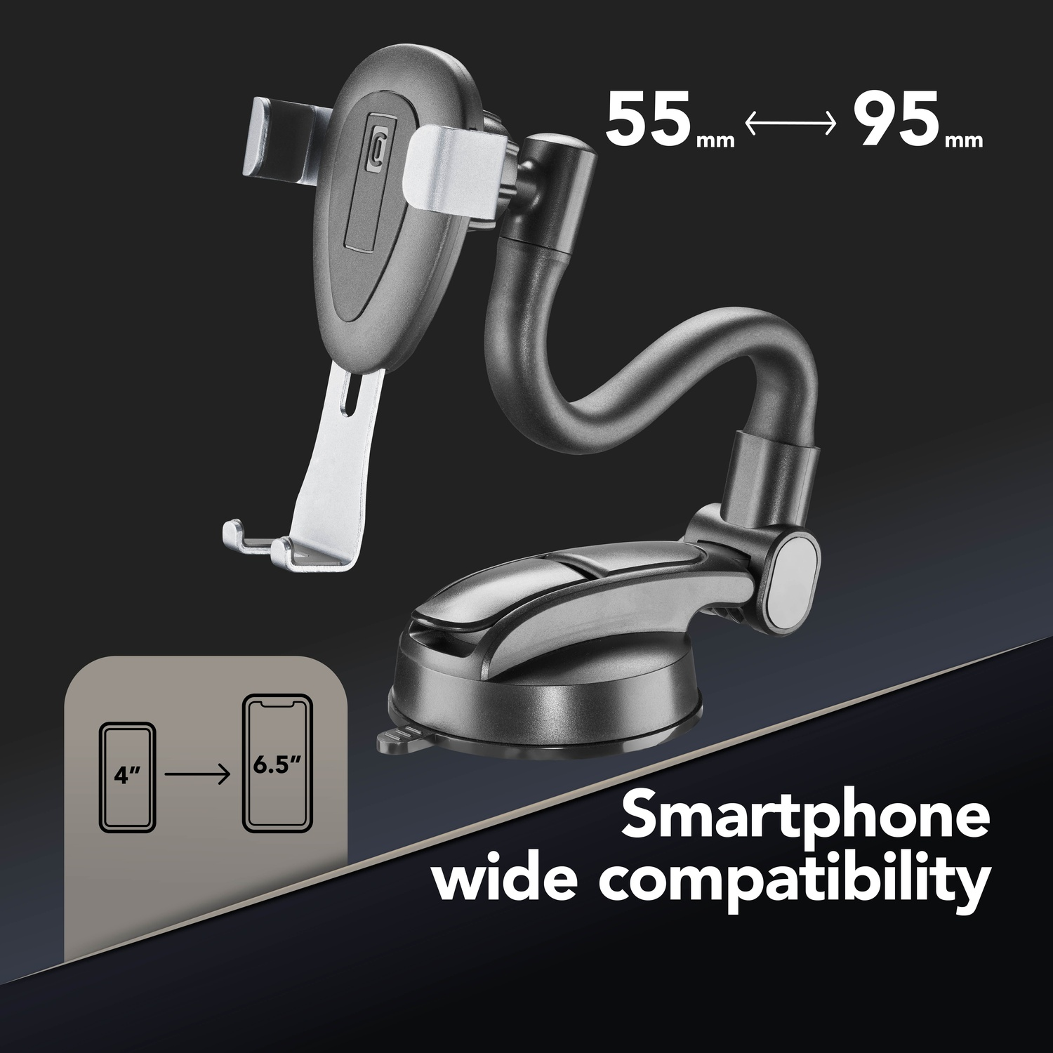 Supporto per telefono da auto. È nero e grigio. Mostra la gamma di dimensioni per la compatibilità del telefono. Il testo dice 'Smartphone wide compatibility'.