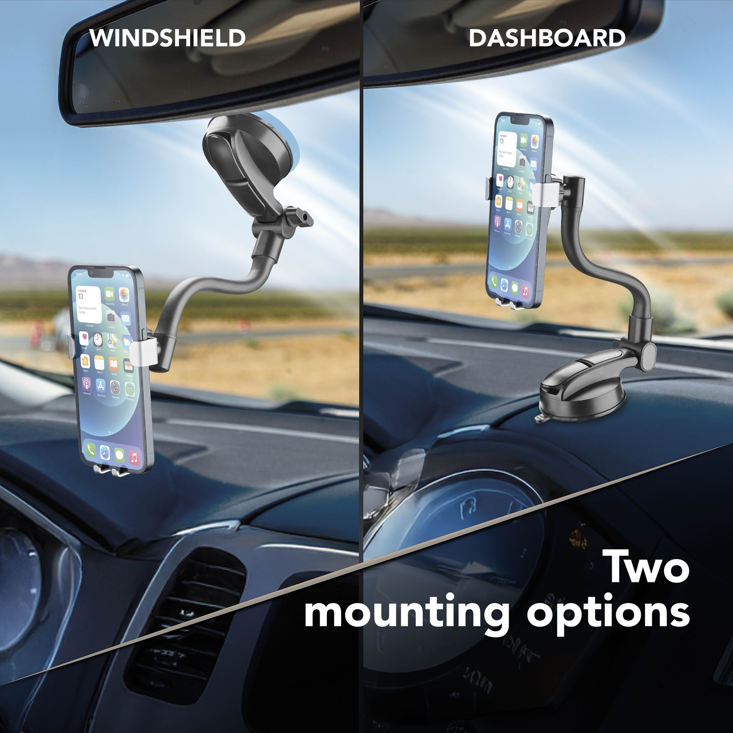 L'immagine mostra due supporti per telefono in un'auto: uno sul parabrezza, uno sul cruscotto. Entrambi sostengono telefoni con icone di app visibili.